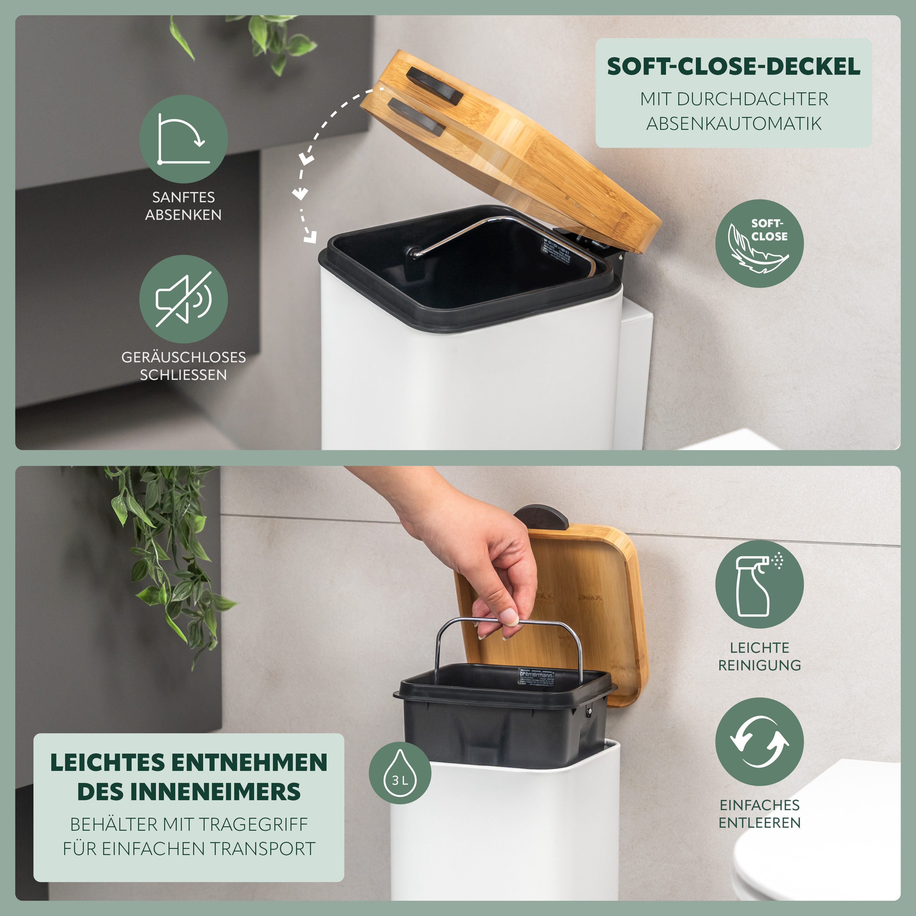 bremermann Kosmetikeimer Wand-Kosmetikeimer 3 l, Badmülleimer 2-Wege-Montage, eckig