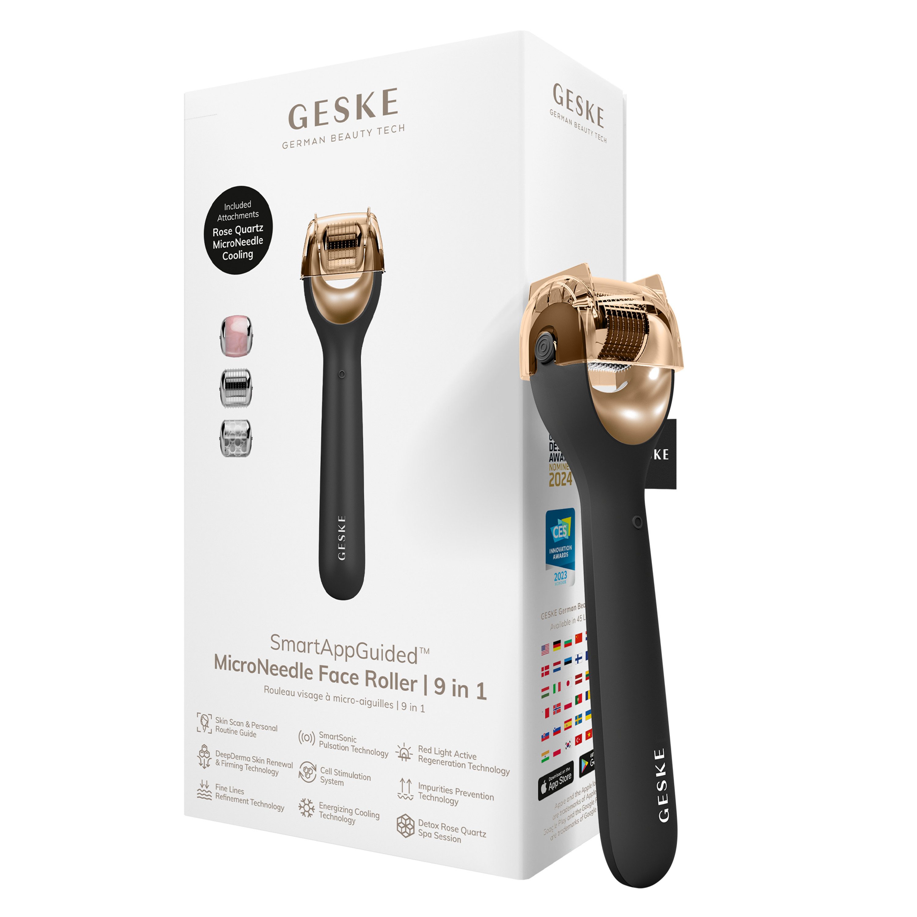 GESKE German Beauty Tech Micro-Needling SmartAppGuided™ MicroNeedle Face Roller 9 in 1, Packung (Gerät & USB-Ladekabel), 2-tlg., Gerät inkl. kostenloser APP (SmartAppGuided Device), Mit der GESKE App erhältst Du deine personalisierte Hautpflegeroutine.