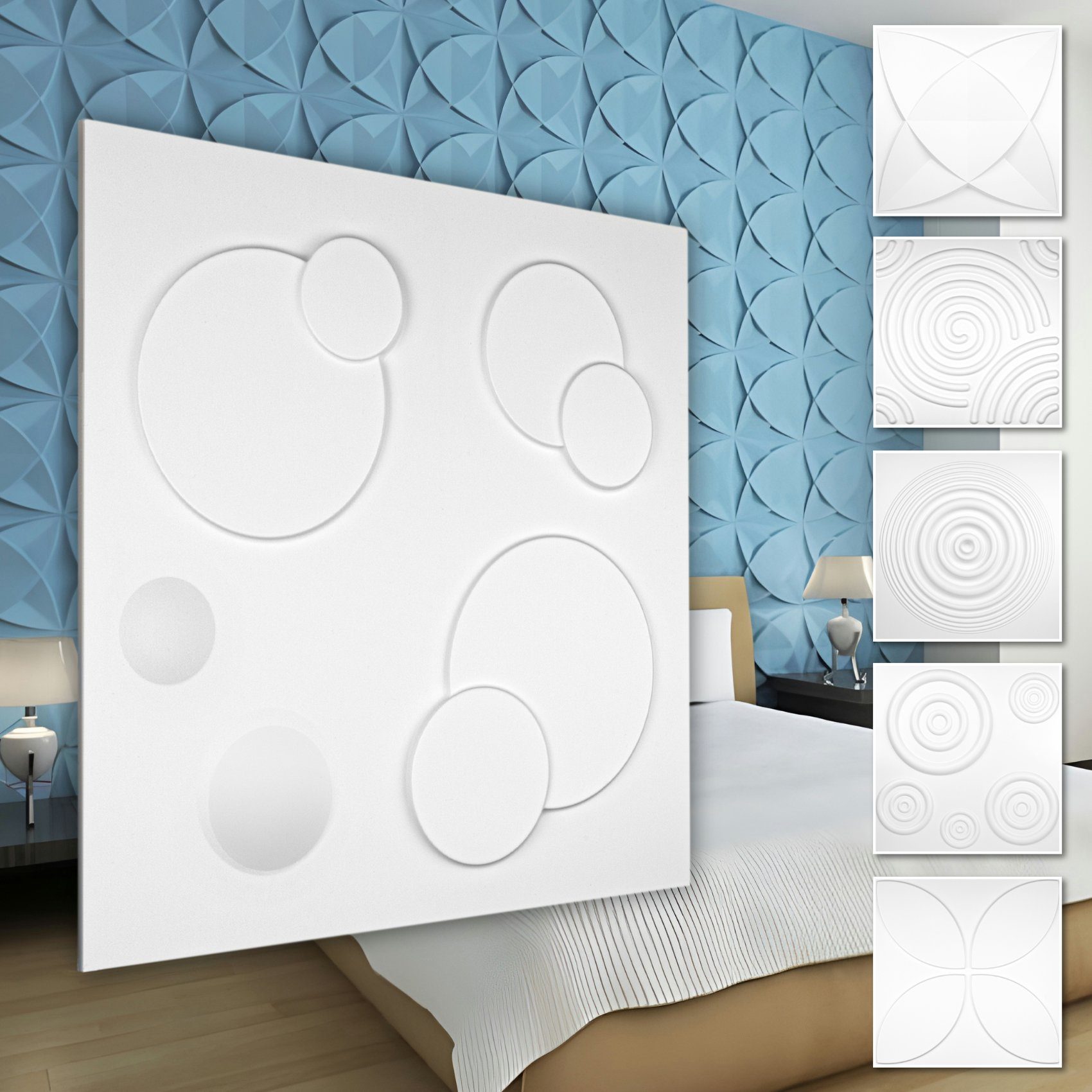 Hexim Wanddekoobjekt HD108 (PVC Kunststoff - weiße Wandverkleidung mit 3D Optik - Kringel Motive (2 qm 8 Platten) Platten Wandplatten modern)