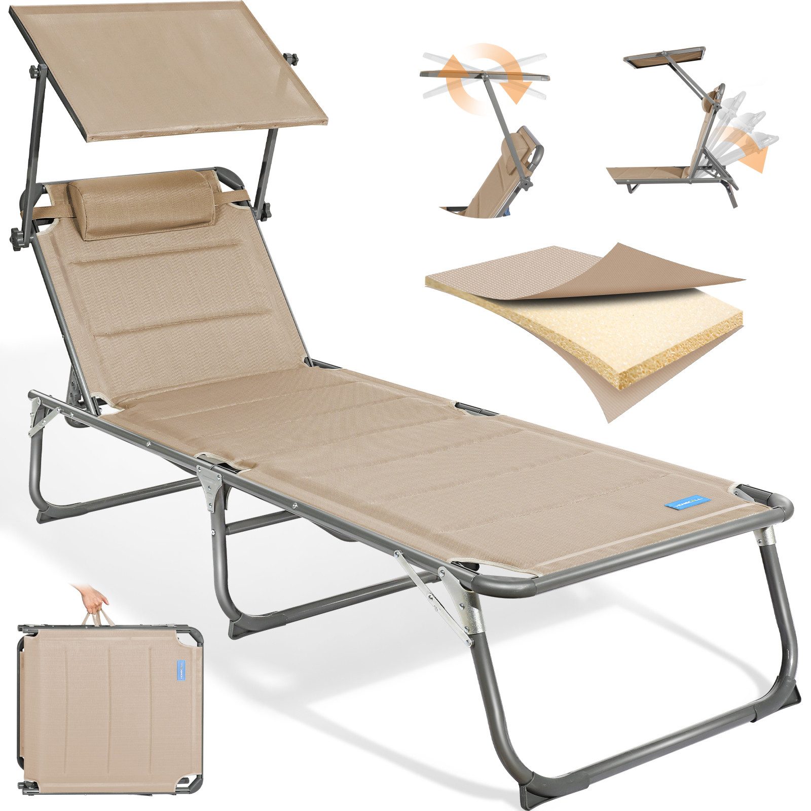 HOMECALL Gartenliege Sonnenliege AluLiege Liegestuhl Strandliege Liegen, klappbar, Textilene Mit Dickem Schwamm, Verstellbare Rückenlehne, Sonnenblende, Kopfpolster, bis 180KG