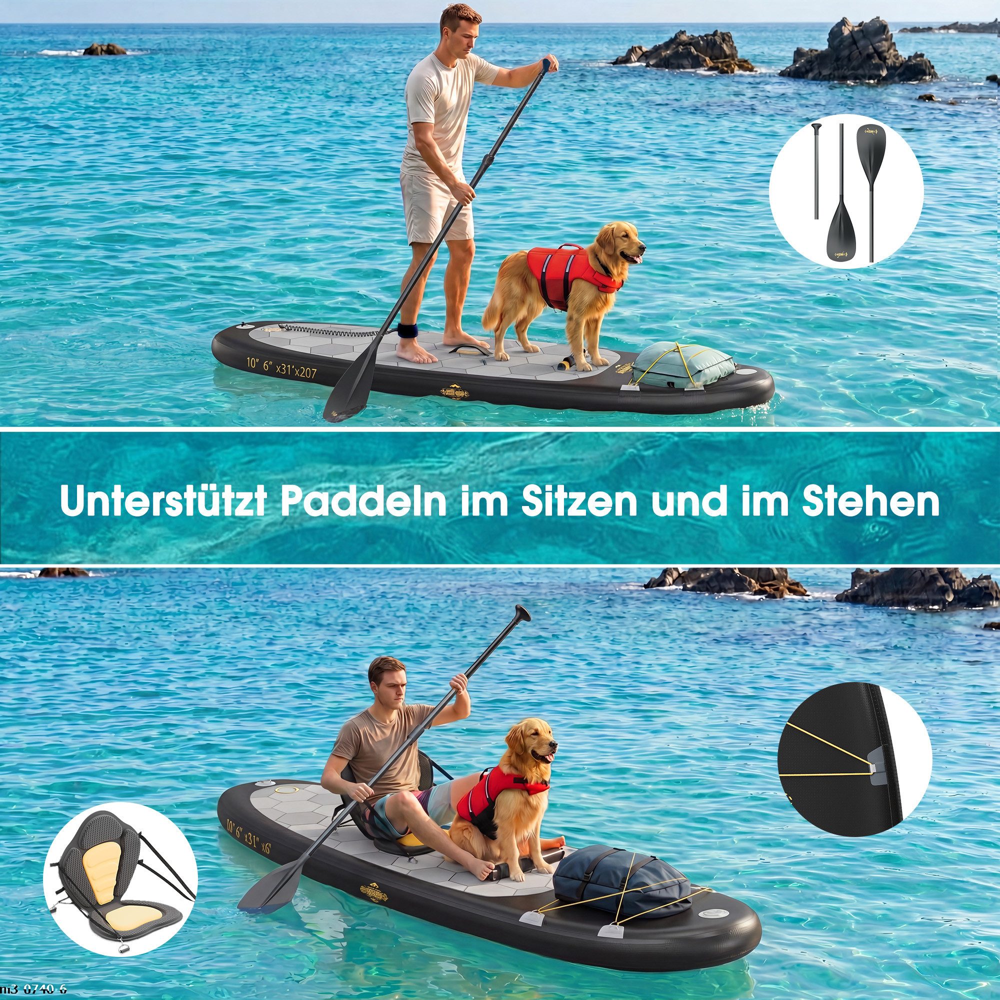 HOMALL Inflatable SUP-Board Aufblasbares Stand Up Paddle Board mit Halter, Sitz und Fußband, 320cm SUP-Board Set mit Action-Cam Halterung, Bis 130kg