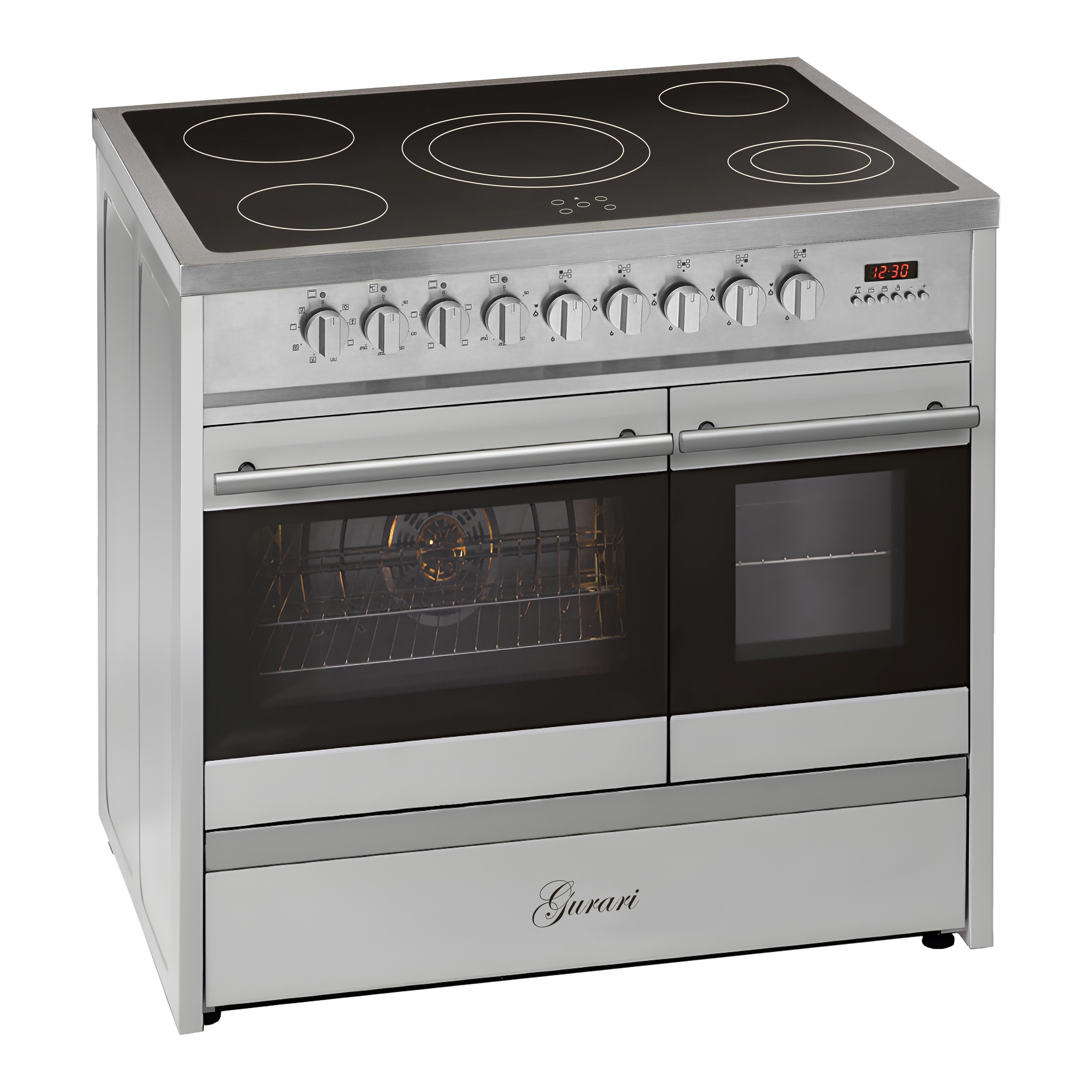 GURARI Elektro-Standherd Glaskeramik Herd 90 cm Edelstahl Range Cooker GCH E 912 DF X Standherd mit zwei Backöfen und 5 Kochzonen, mit 1-fach-Teleskopauszug