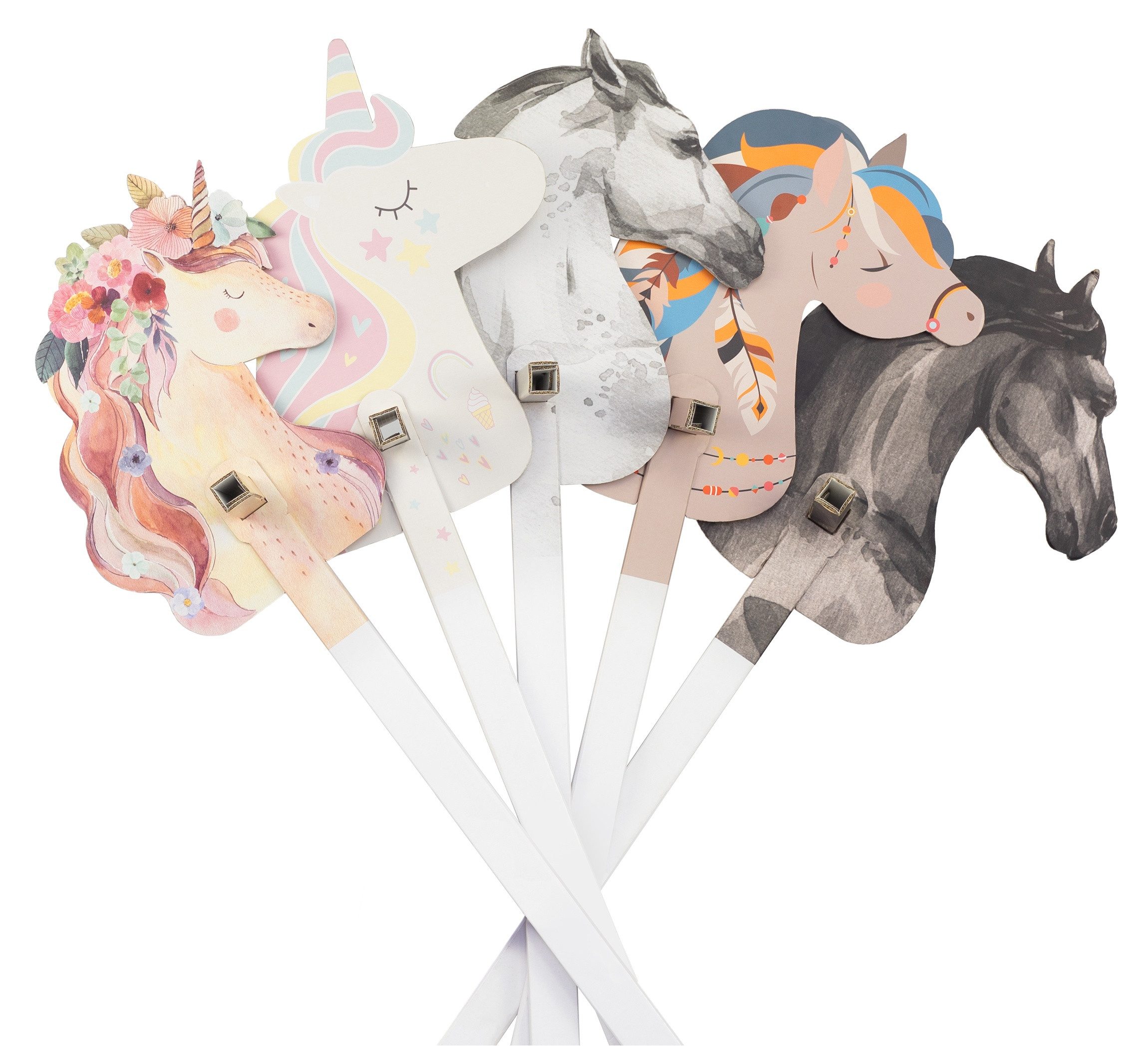 FOLDZILLA Steckenpferd Stockpferd 5er Set Aquarell Design, (1-tlg., 5 Hobby Horses aus Pappe), Pferde und Einhörner für Kindergeburtstag