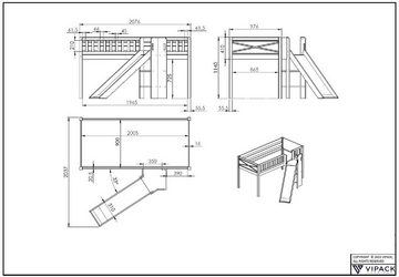 Vipack Hochbett Scott m. Rutsch-/Leiterturm, LF 90x200 cm, Vorhang, Tunnel, 7 Designs