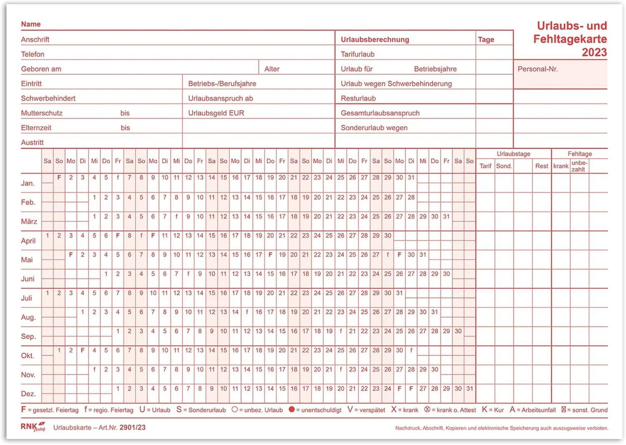 RNK Formularblock RNK Urlaubsanträge & Fehltagekarten, A5 quer, Urlaubs- und