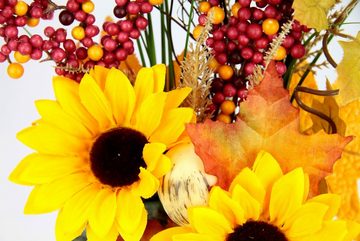 Kunstblume Gesteck aus Sonnenblumen auf Stein, I.GE.A., Höhe 28 cm, Künstliche Blumen Herbstgesteck Deko Ornamente für Halloween