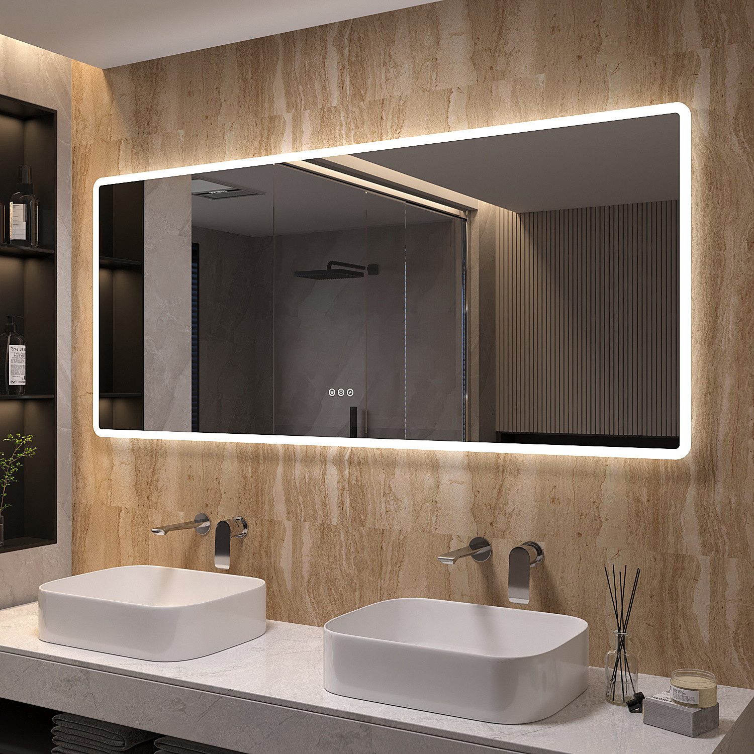 AQUABATOS Badspiegel LED Badspiegel IP44 mit Touchschalter Dimmbar Abgerundete/Scharfe Ecke (LED Badspiegel 160x70 140x70 100x70 cm mit Beleuchtung Lichtspiegel LED Spiegel Kosmetikspiegel Rasierspiegel Bad Spiegel mit licht beleuchtet 3 Lichtfarben, IP44, Energiesparend), großformatiger Badezimmerspiegel, Dimmbar,Beschlagfrei,Memory-Funktion
