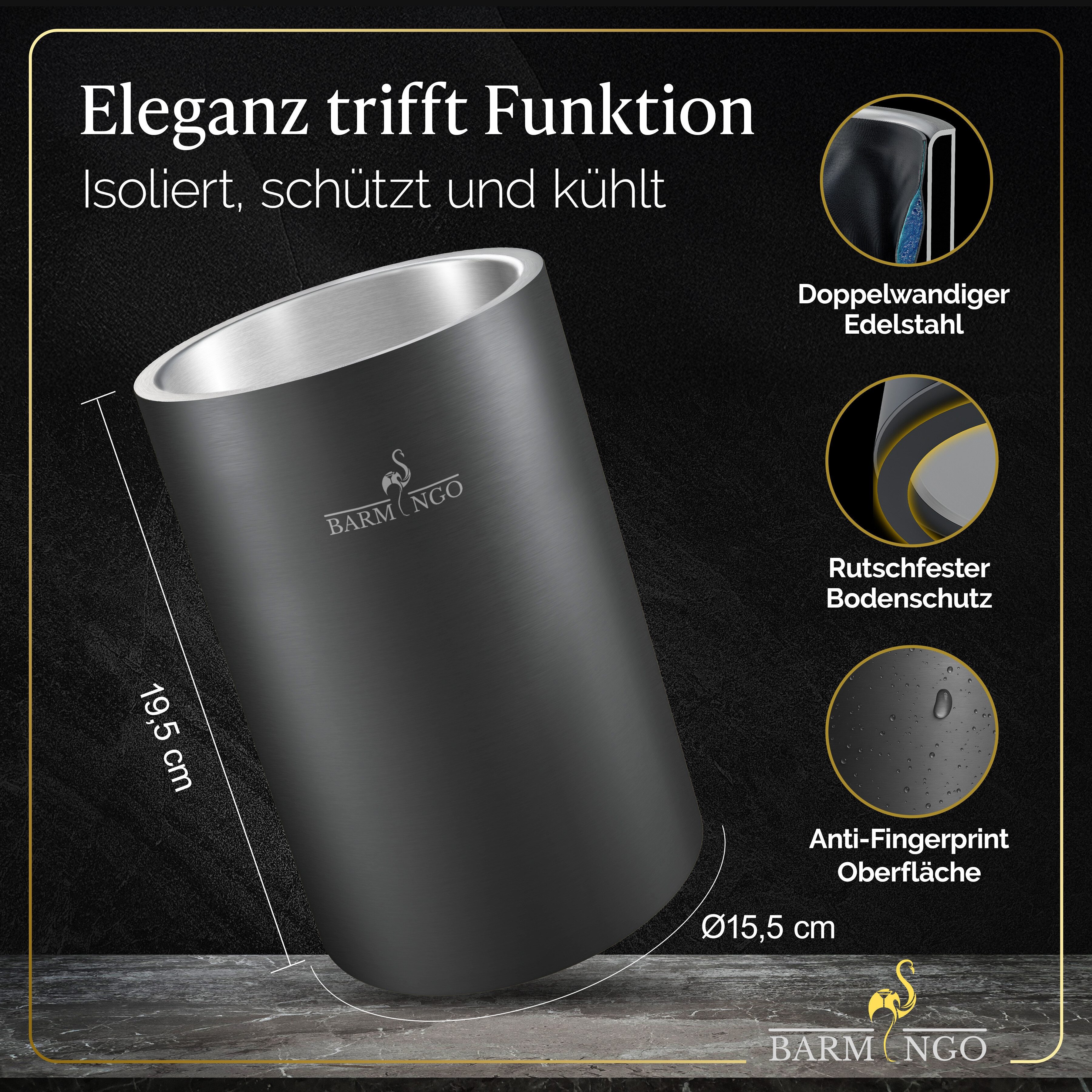 BARMINGO Wein- und Sektkühler Edelstahl mit 2 Kühlmanschetten, Weinflaschenkühler & Getränkekühler, doppelwandiger Flaschenkühler für Wein, Sekt & Champagner