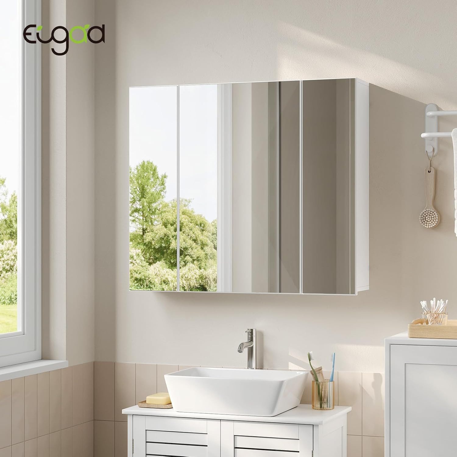 EUGAD Spiegelschrank (1-St) mit 3 Türen mit verstellbaren Einlegeböden und Haken