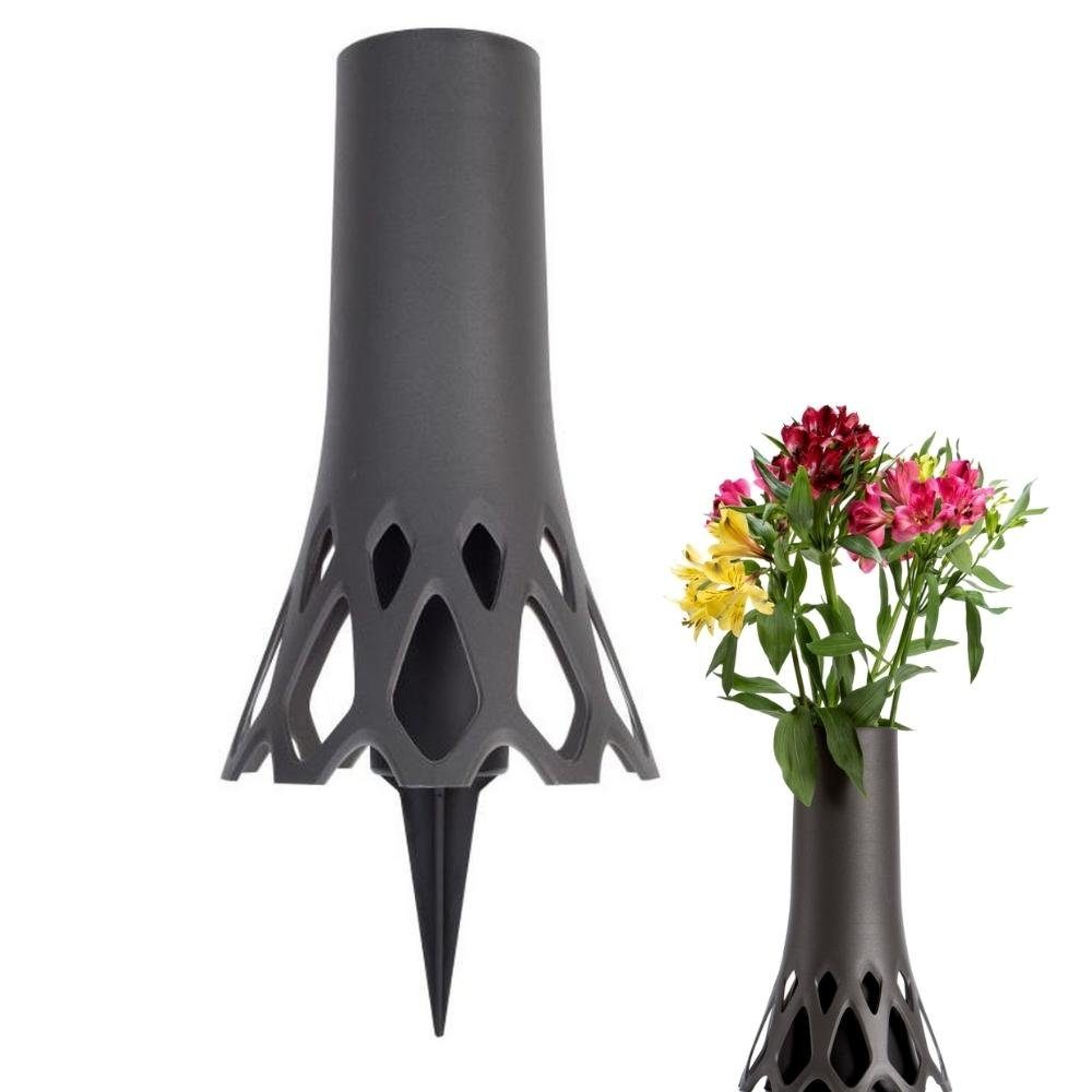 GarPet Blumentopf Friedhof Roseta Kunststoff anthrazit Erdspieß Vase mit Grabschmuck Grabvase