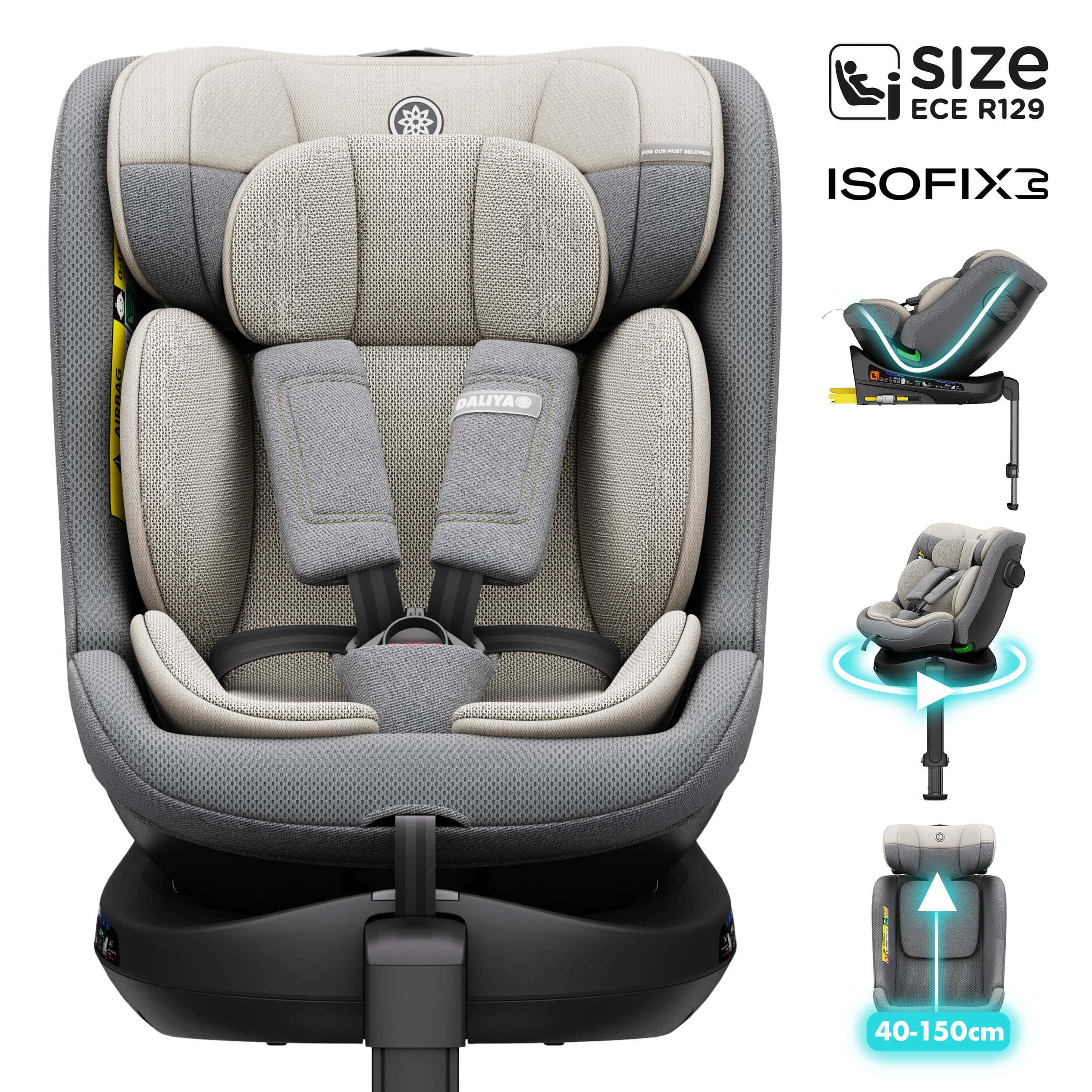 Daliya® Autokindersitz BRAVO i-Size Auto-Kindersitz, 360° drehbar, mitwachsend, atmungsaktiv, ab: ab Geburt, bis: bis 12 Jahre, ab: 40 cm, bis: 150 cm, (Neugeborenen-Set, 4-tlg), 8 Stufen Sitzneigung, verstellbare Kopfstütze, Stützbein, Belüftet