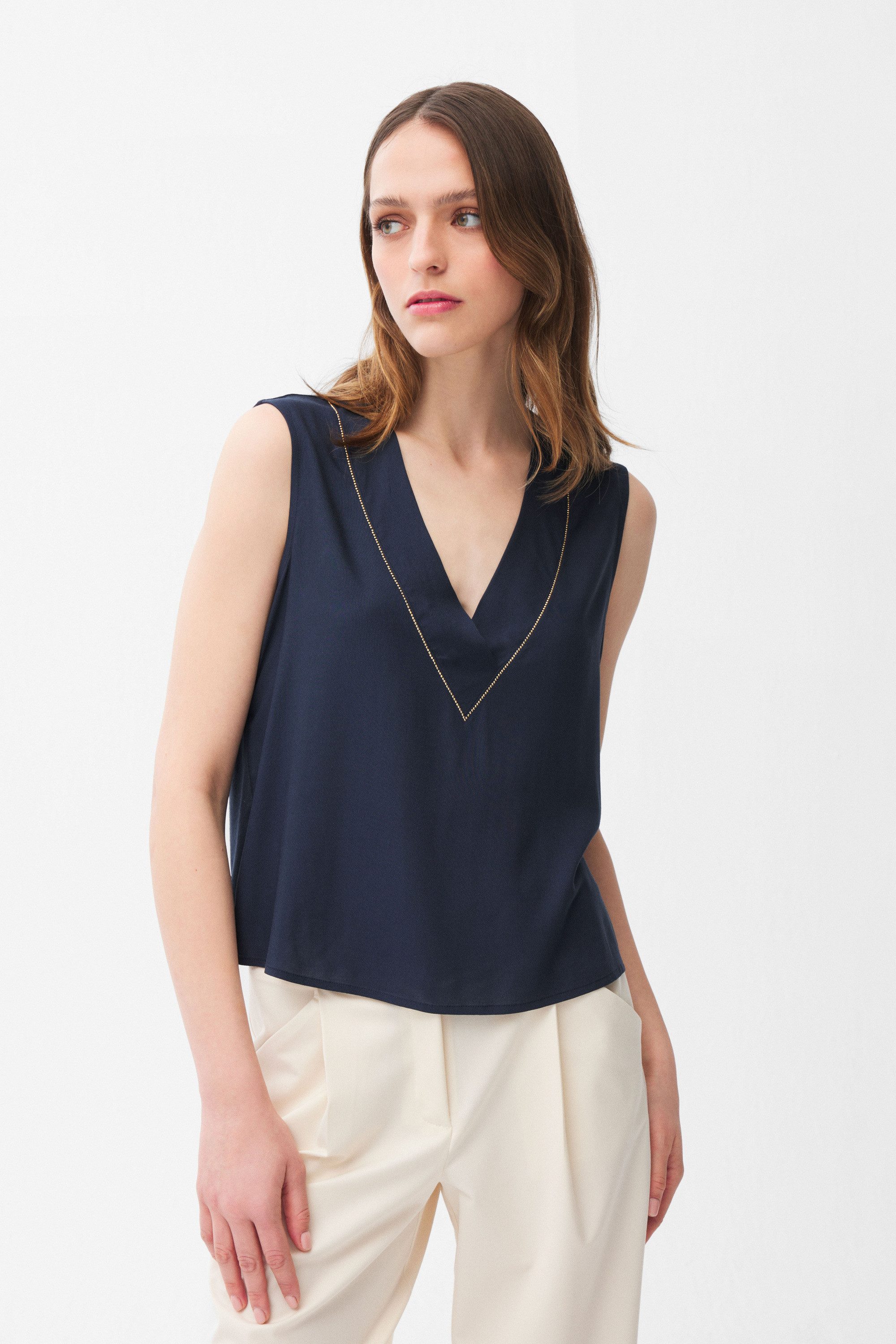 adL Blusentop Ärmellose Bluse mit Strassdetail