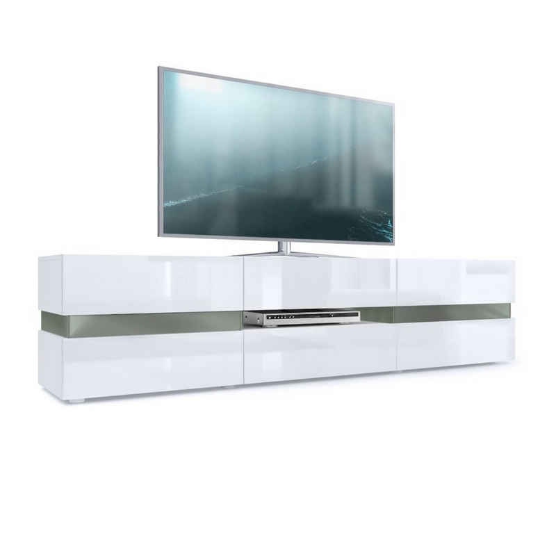 Vladon Lowboard Flow (TV-Kommode mit Ambient Light Verglasung, mit 2 Türen, 1 Schublade und 1 Klappe), Weiß matt/Weiß Hochglanz (177 x 45 x 39 cm)