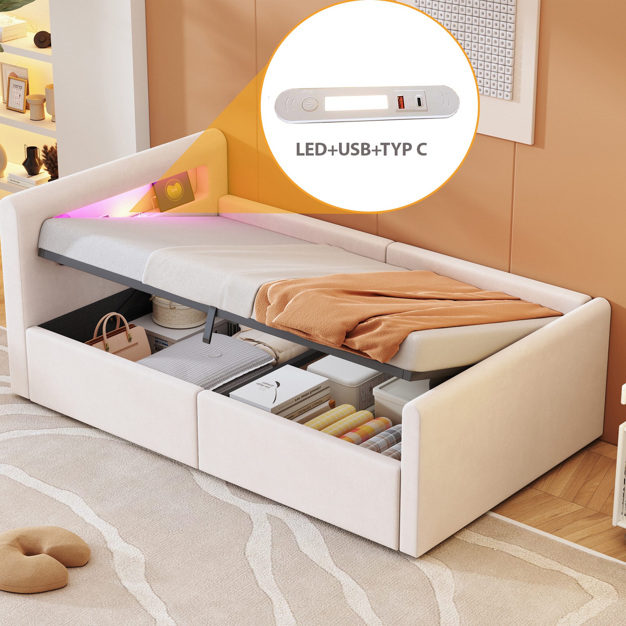 REDOM Polsterbett Funktionsbett Kinderbett (mit LED-Licht, USB-Ladeanschlus günstig online kaufen