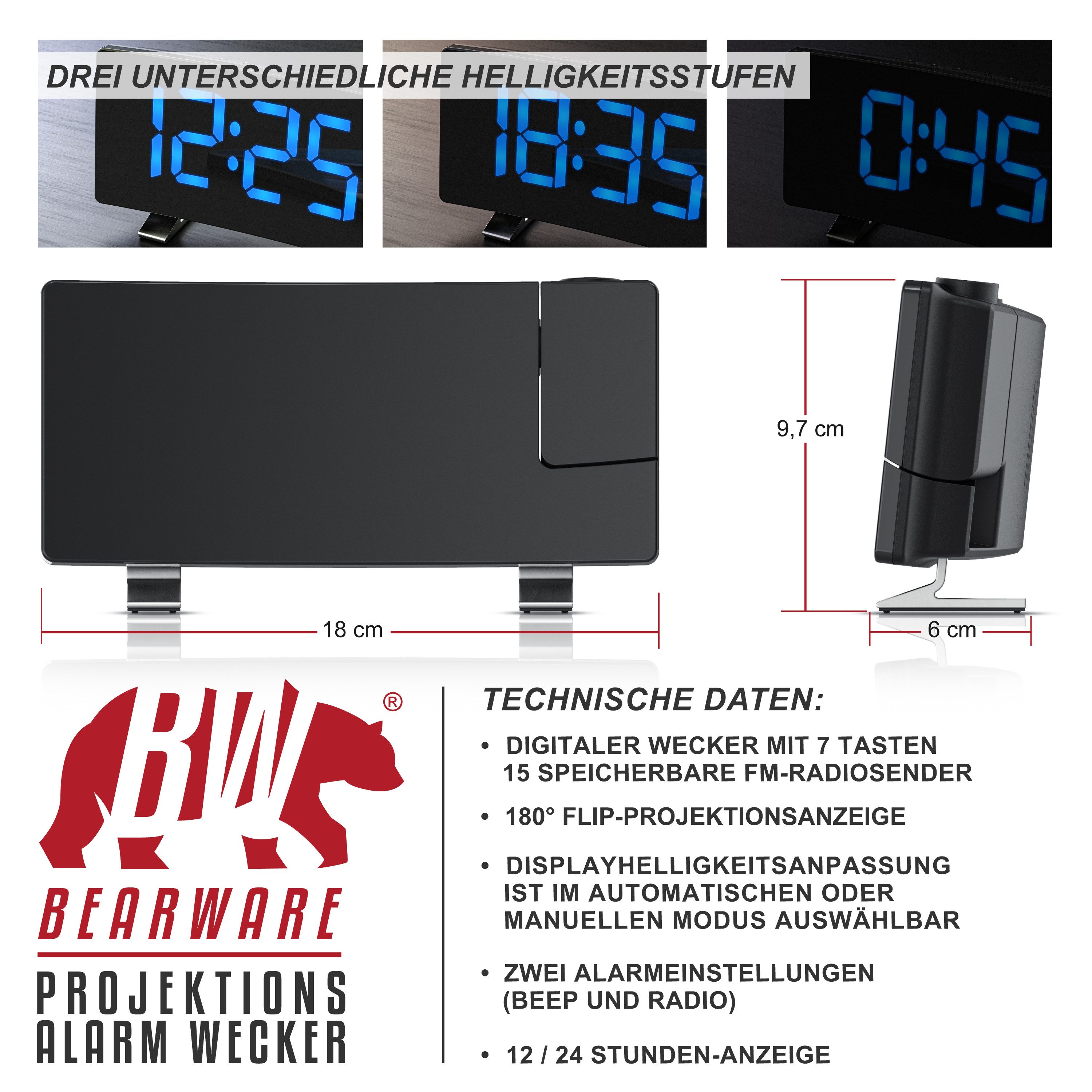 Brandson Projektionswecker Dimmer, 15 FM Radiospeicher, große blaue Ziffern günstig online kaufen