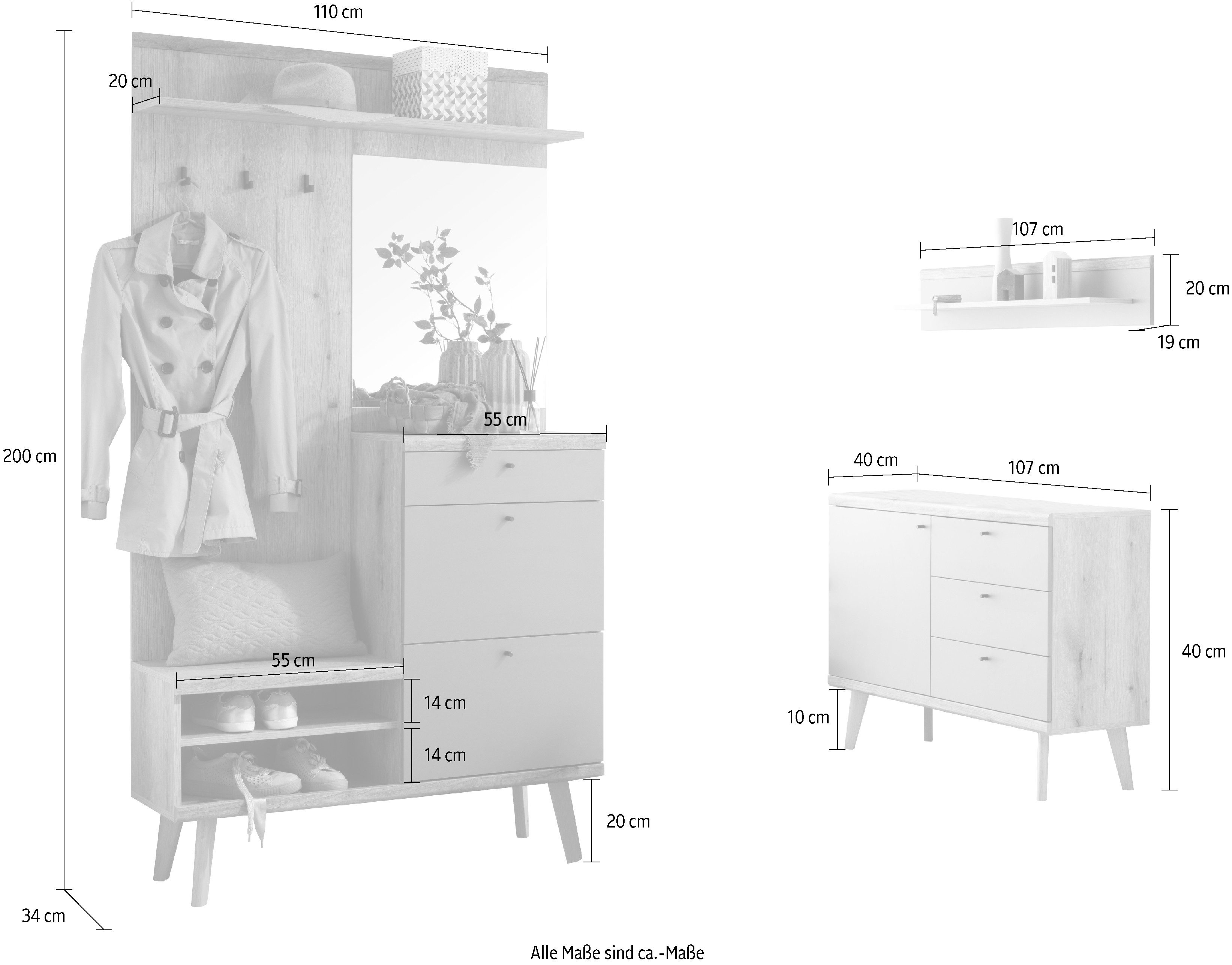 INOSIGN Garderoben-Set Mavas, Garderobe mit Stauraum, Garderobenschrank im Scandic Design, (Set, 3-St), ausreichend Stauraum, für kleine Räume geeignet, 237 cm breit