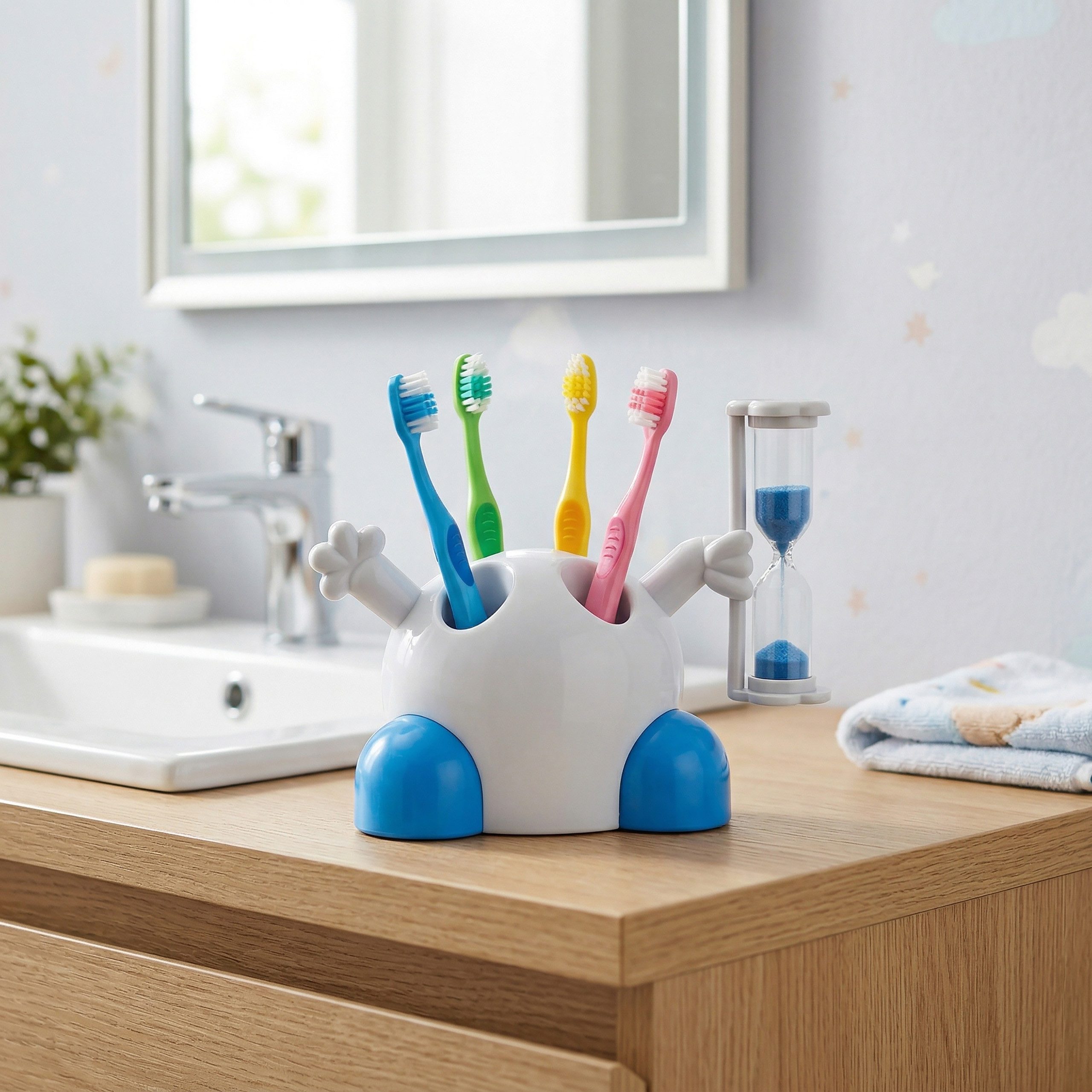 Lantelme Zahnbürstenhalter Zahnpflege für Kinder mit Sanduhr Handzahnbürsten Halter Zahnbürsten, Für Kids mit Sanduhr 3 Minuten und Platz für 4 Zahnbürsten