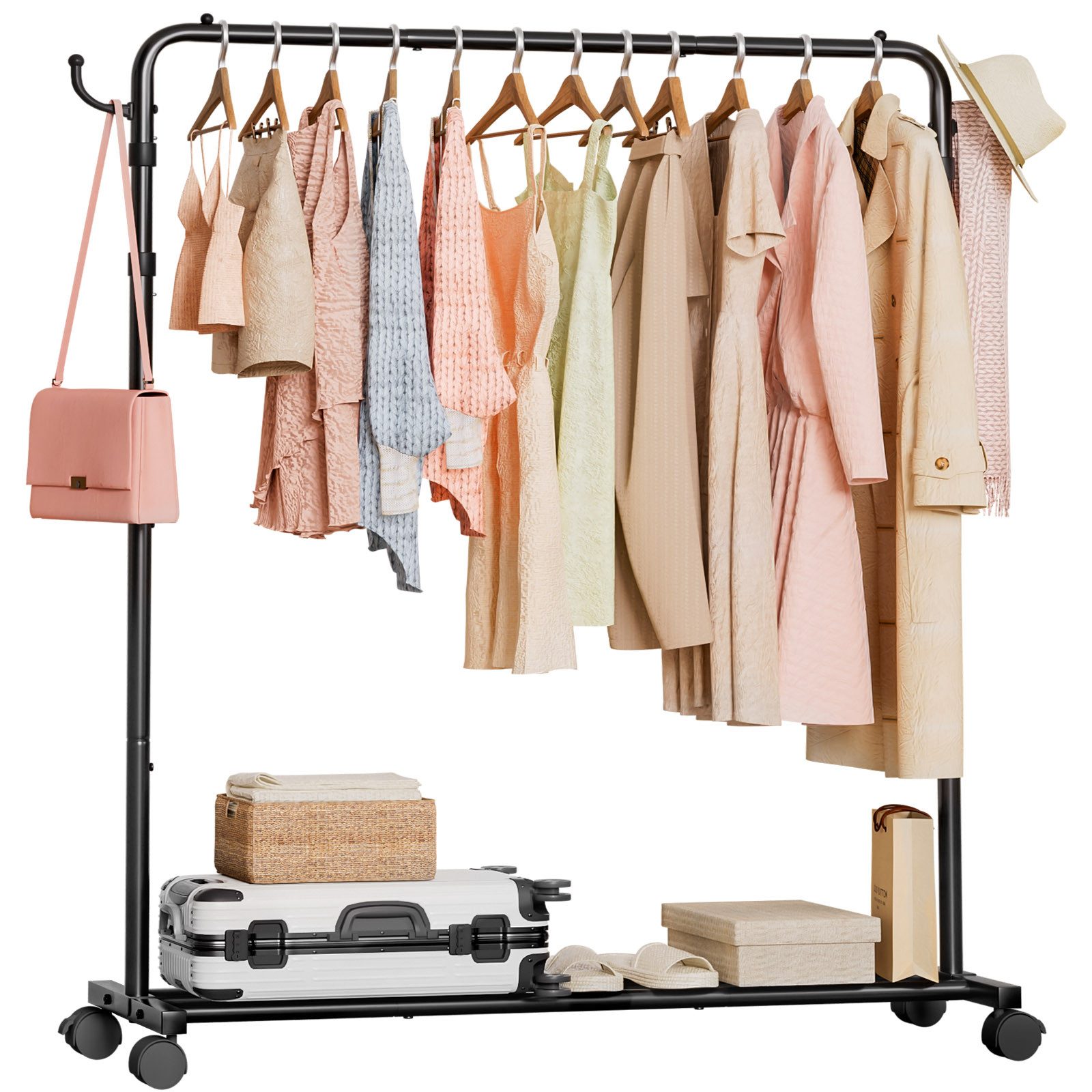 Yorbay Kleiderständer Garderobenständer auf Rollen, bis 50 kg belastbar, Höhe verstellbar, 130cm breit, Schwarz