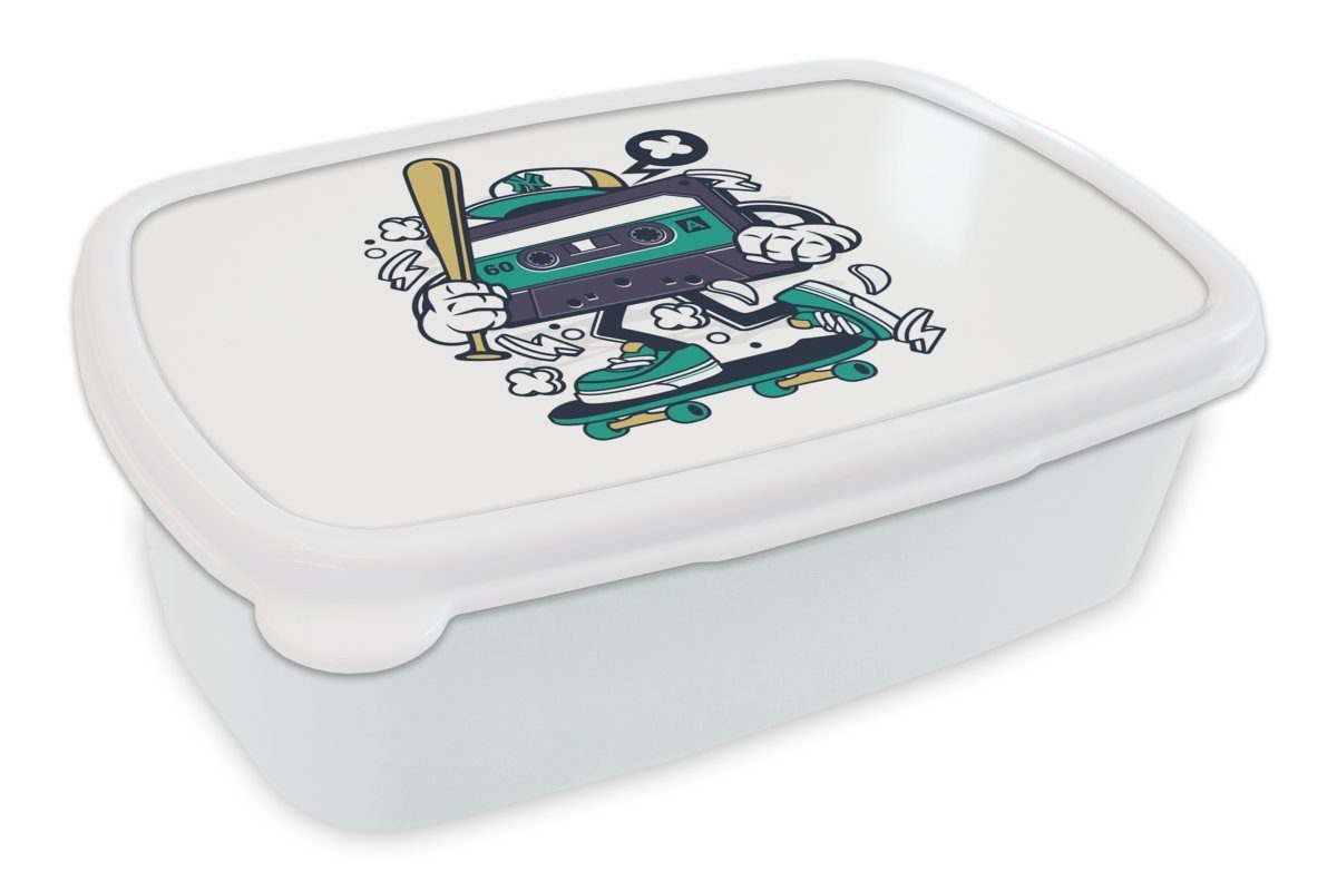 MuchoWow Lunchbox Kassettenkassetten - Baseballschläger - Skateboard - Vintage, Kunststoff, (2-tlg), Brotbox für Kinder und Erwachsene, Brotdose, für Jungs und Mädchen weiß