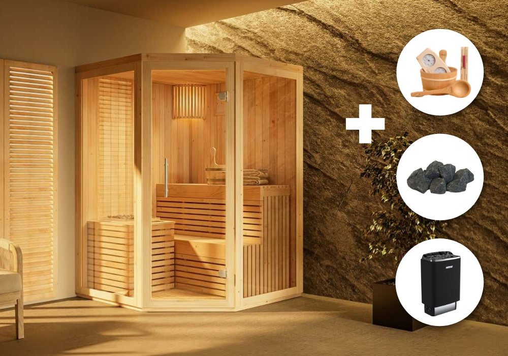 FinnTherm Sauna Komplettset - Innensauna Ylva, BxTxH: 141 x 141 x 213 cm, 72 mm, (Set) in Naturbelassen
