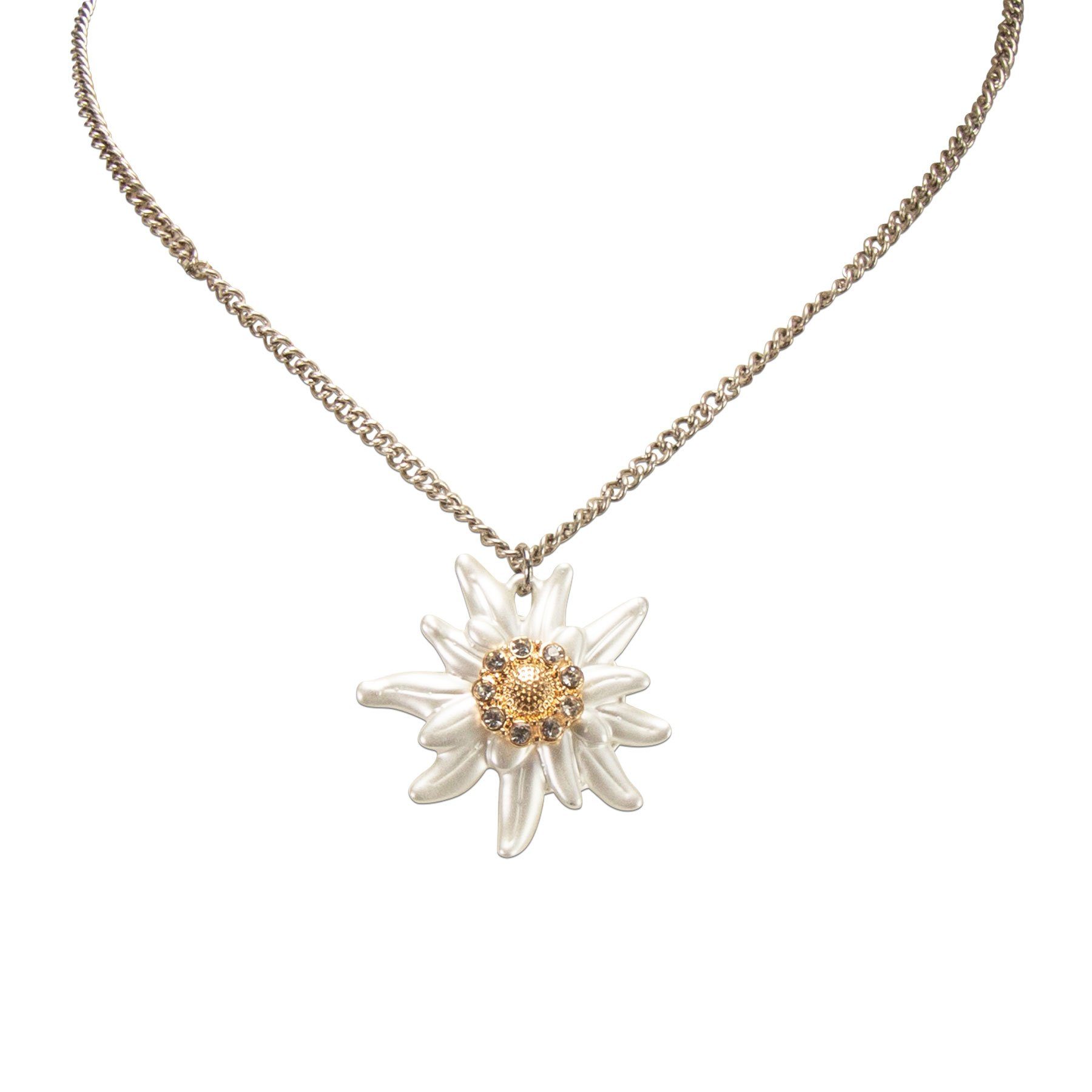 Alpenflüstern Collier Metall-Trachtenkette Greta mit Strass-Edelweiß groß (antik-silber-farben), - Damen-Trachtenschmuck Dirndlkette – Bild 3 von 4
