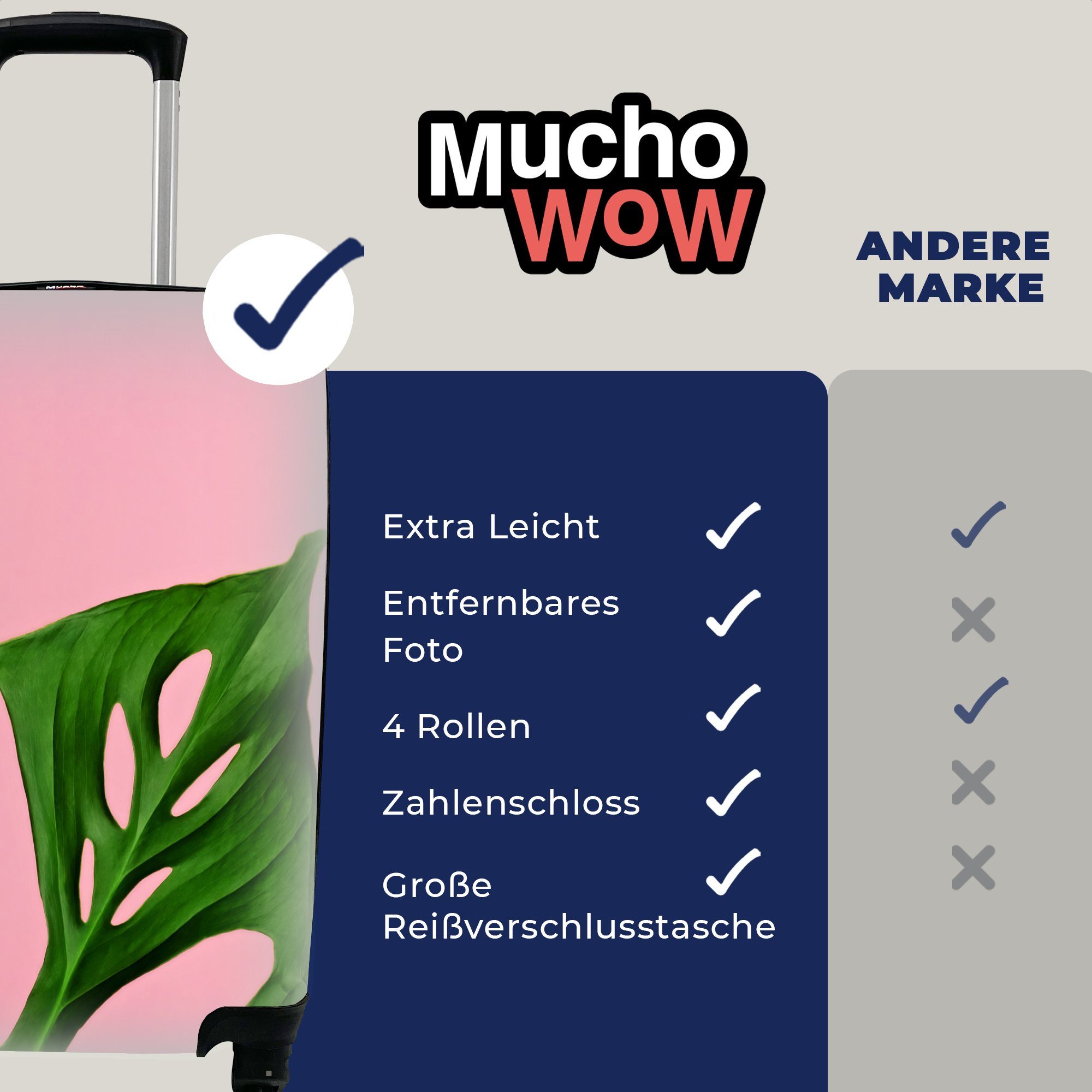 für Hintergrund, Rollen, rosa auf Handgepäckkoffer MuchoWow rollen, Handgepäck Trolley, Botanisches mit Ferien, Reisekoffer Reisetasche 4 Blatt