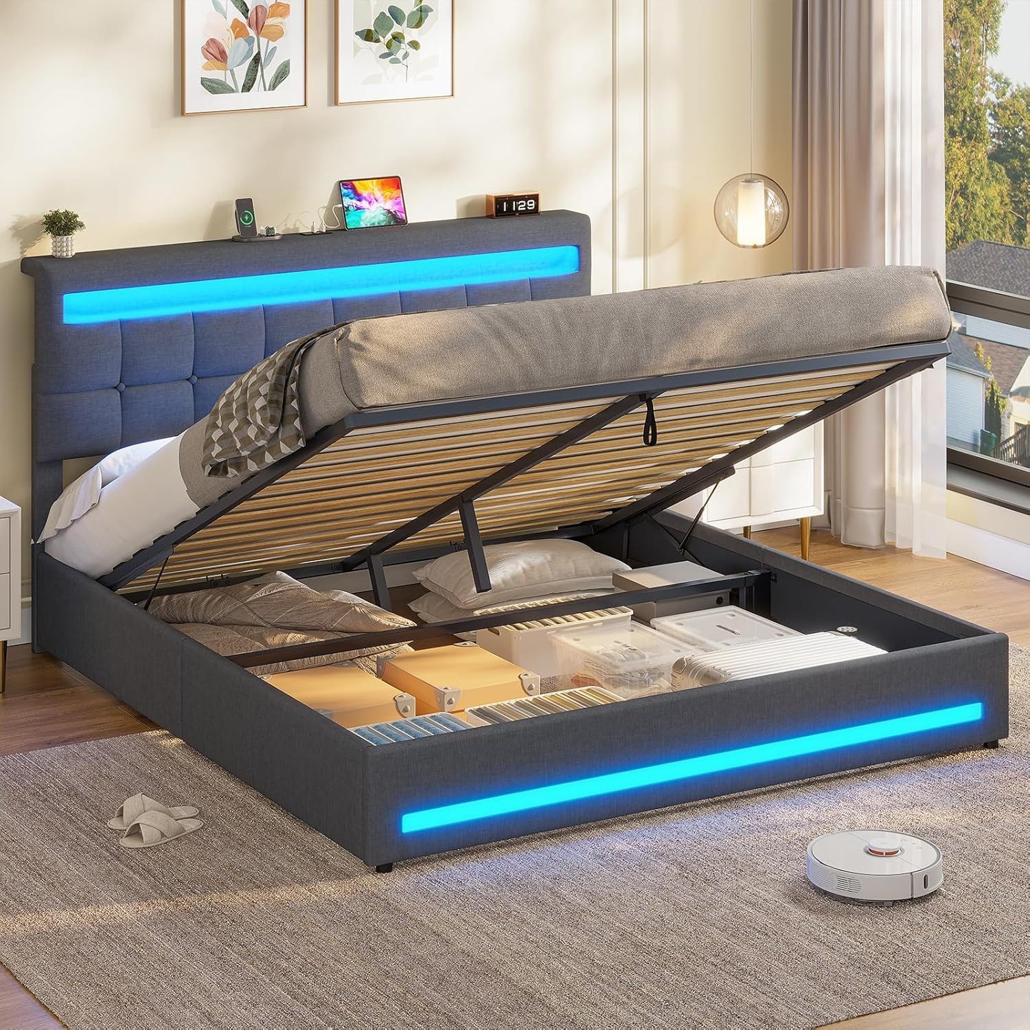 MSMASK Polsterbett Jugendbett mit LED Beleuchtung und Ladestation, Hydrauli günstig online kaufen