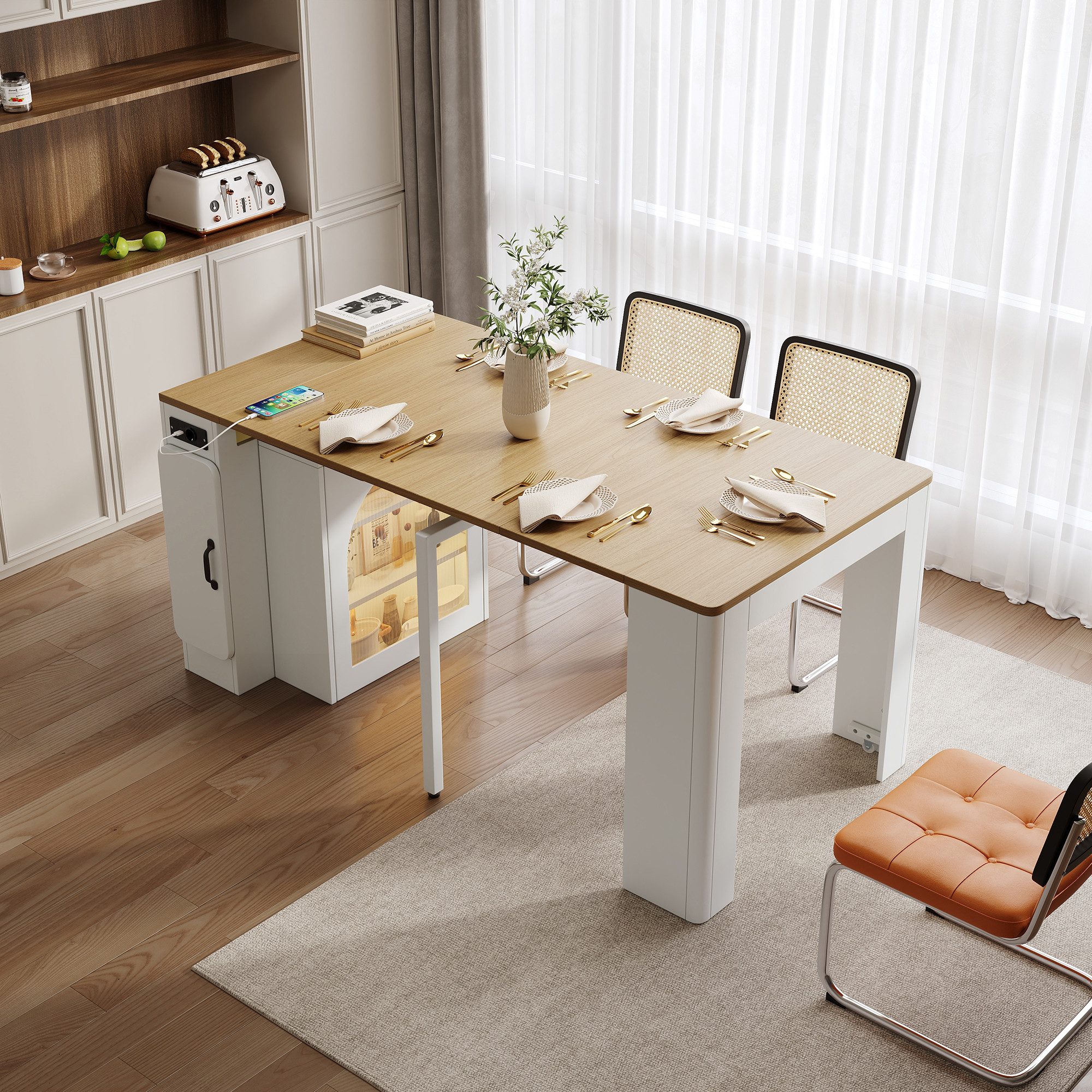 Flieks Kücheninsel mit Steckdosenleisten und LED-Beleuchtung inkl. ausziehbarer Esstisch, (Arbeitsplatte in Holzoptik, 80x39,6-149,6 cm), Küchenschrank mit Glastüren & erweiterbar Tisch mit Rollen Weiß