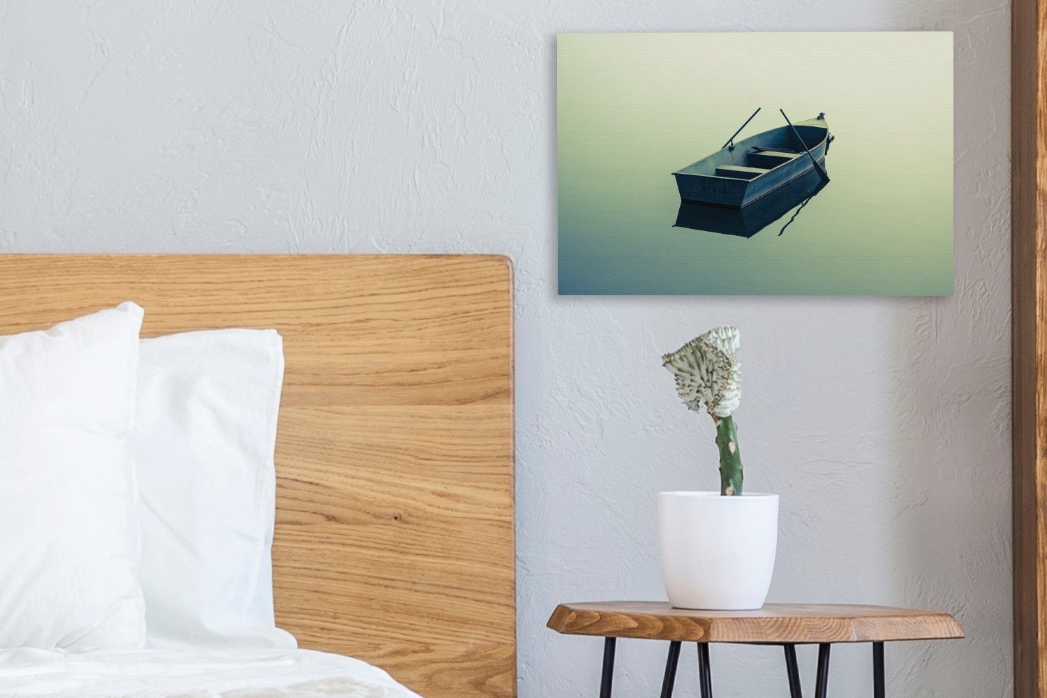 Wandbild OneMillionCanvasses® (1 auf Wasser, St), dem cm Leinwandbilder, blauen Wanddeko, Leinwandbild einsames 30x20 Ein Boot Aufhängefertig,