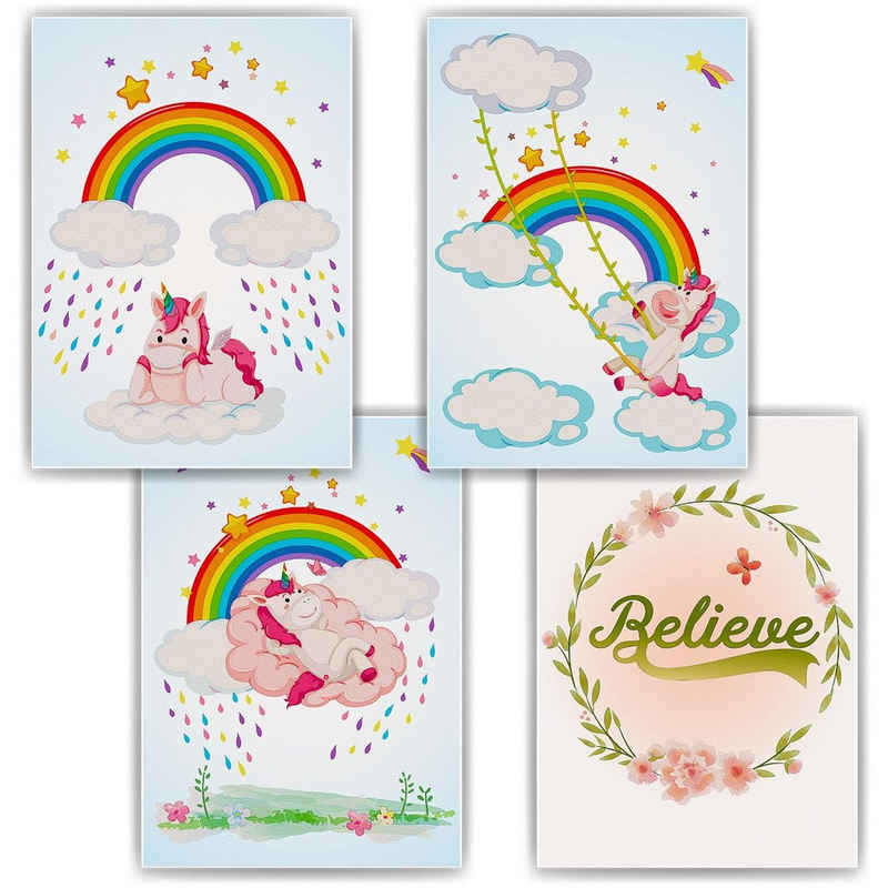 Tigerlino Poster Einhorn Regenbogen 4er Set Kinderzimmer Wandbilder Babyzimmer Poster