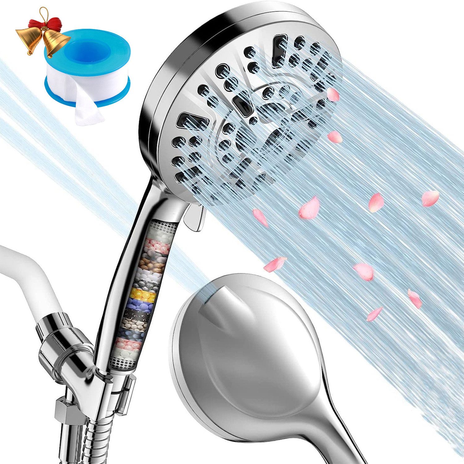 MOPUEA Duschbrause Handbrause,Duschkopf 10-Modell Strahlarten mit Schlauch 1.5M,Dichtband, (Handbrause mit 15-stufigem Wasserfilter für sauberes Duschwasser, Hochdruckduschkopf mit Wasserfilter zur Reduzierung von Kalk & Chlor), 10 Sprühmodi, kein Verkalken, wassersparend & werkzeugfreie Montage
