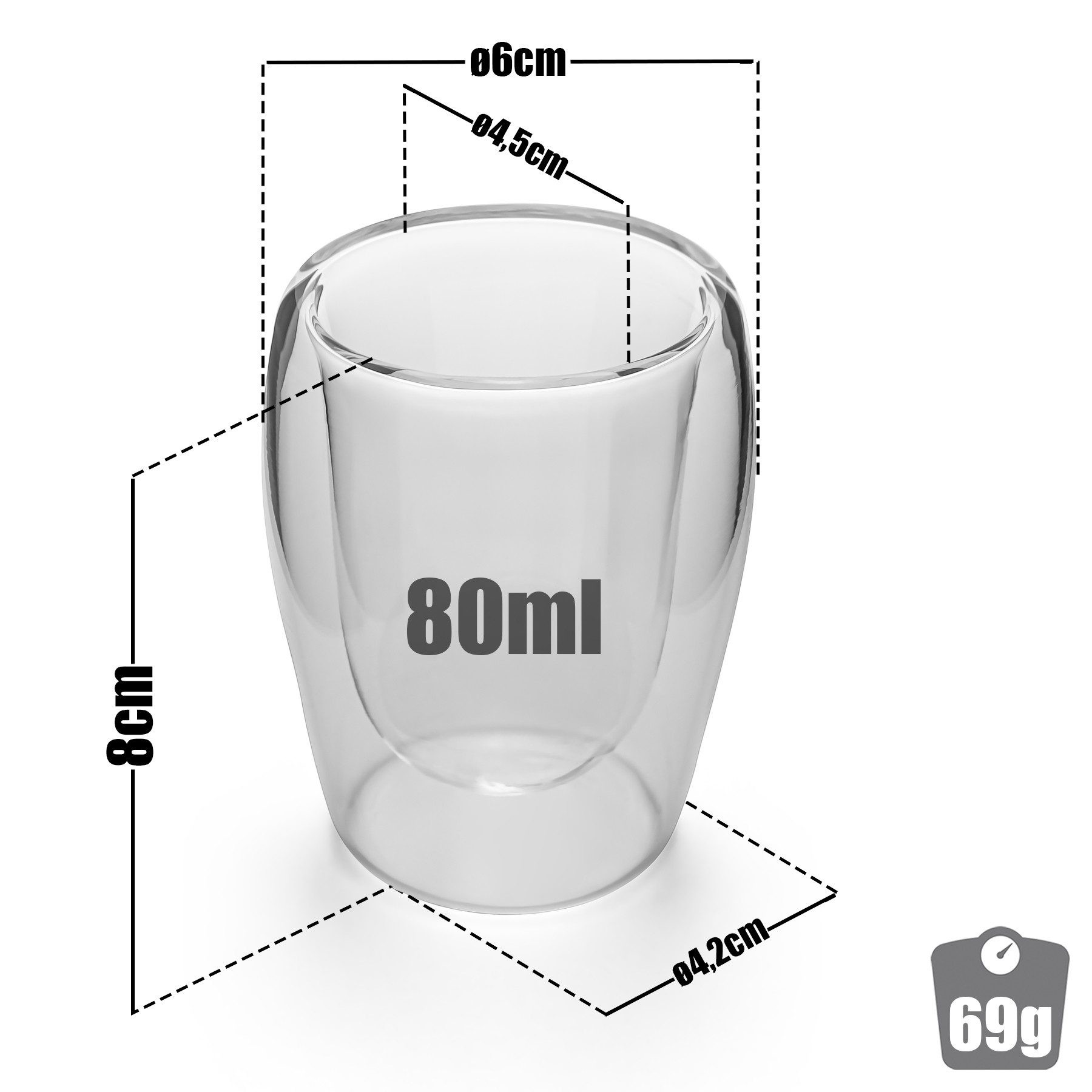 BigDean Espressotasse 4 Stück doppelwandige Espressotassen 80 ml in Gastro-Qualität, 4-tlg., Borosilikatglas, Spülmaschinenfest, Lebensmittelecht – Bild 3 von 5