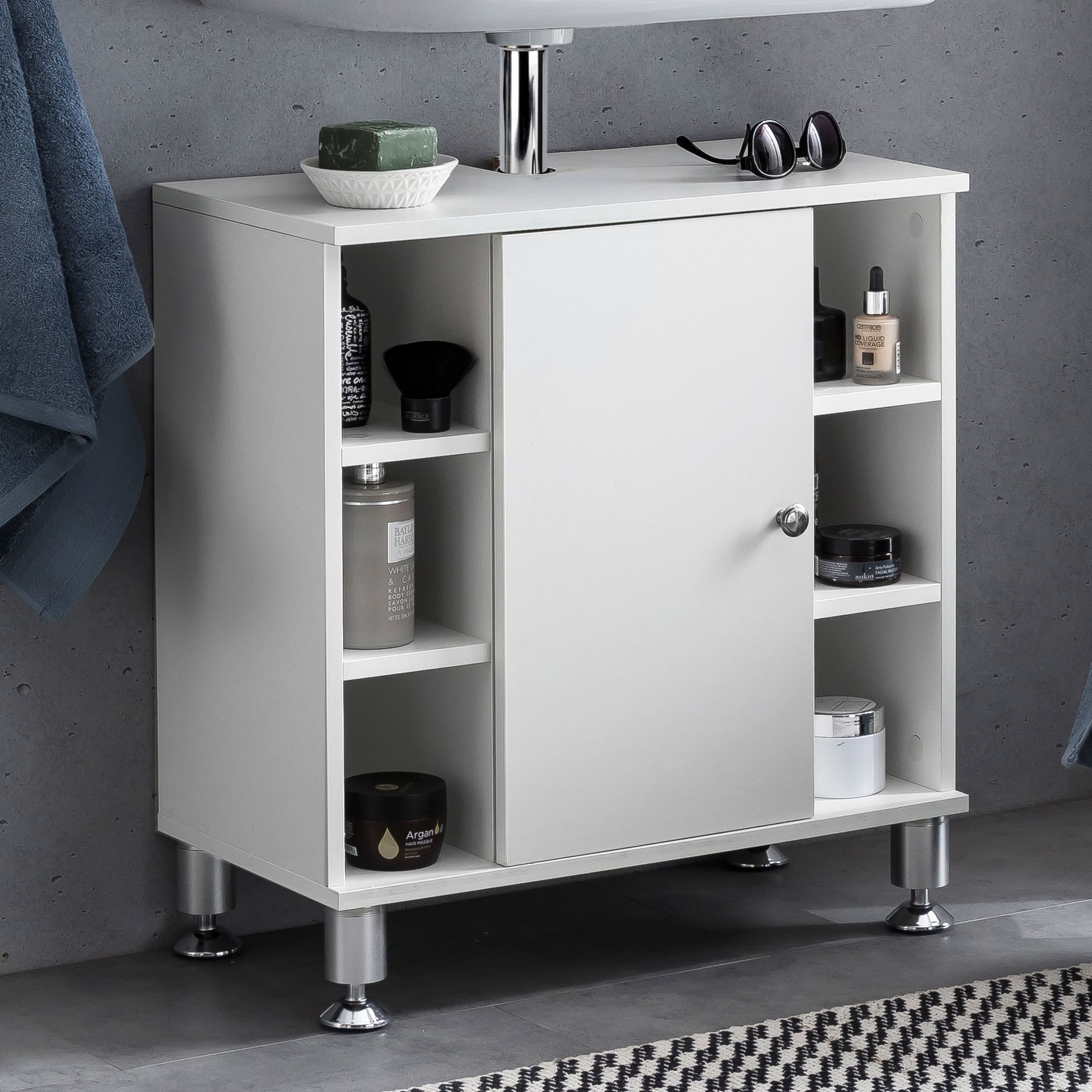 FINEBUY Waschbeckenunterschrank FB51510 Waschtischunterschrank Badezimmermöbel Weiß (Unterschrank Waschbecken, Waschtischunterschrank) 60 x 64 x 32 cm Weiß, Badschrank mit Tür