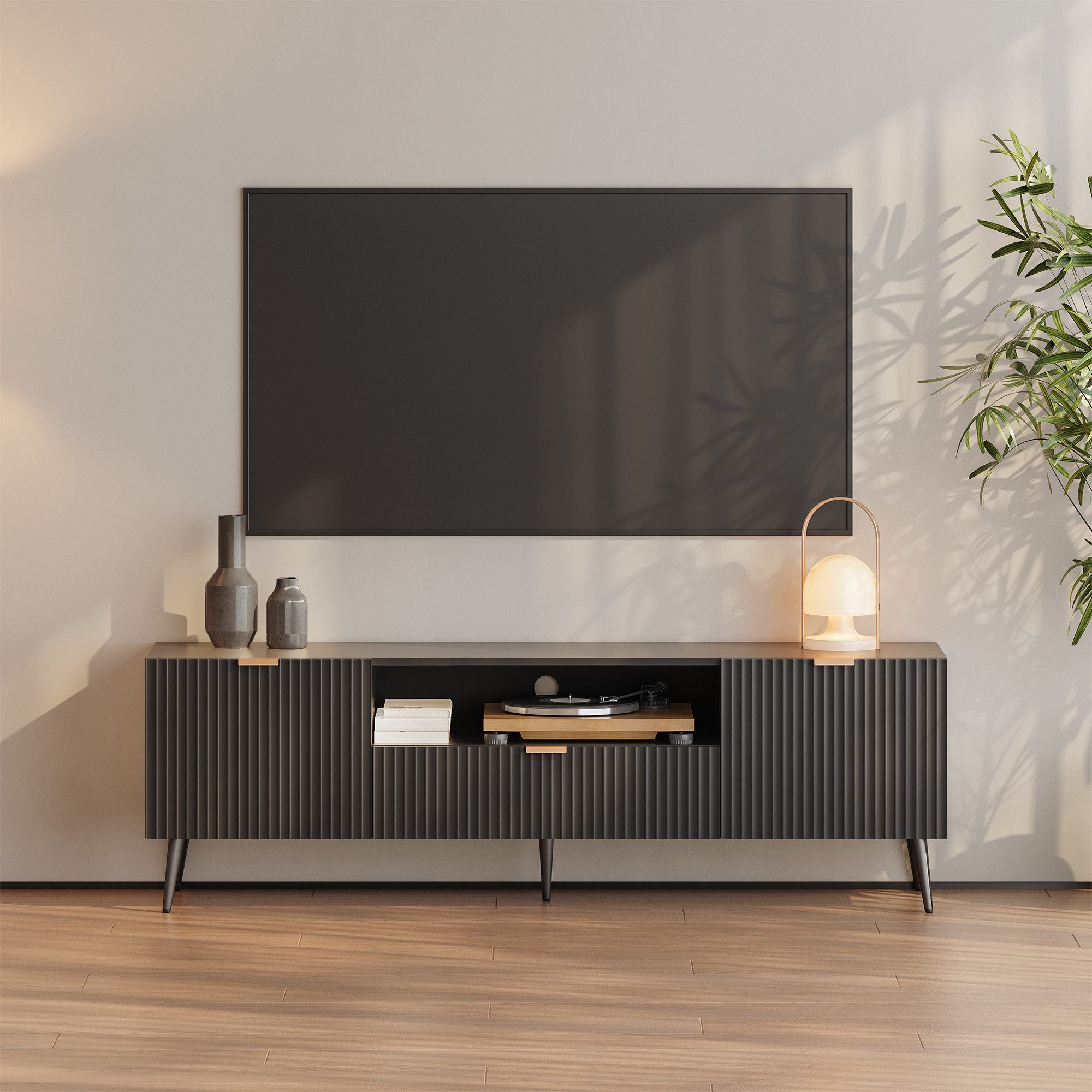 en.casa TV-Schrank »Nand« mit Schublade und 2 Türen geriffelt 160x40x51 cm Schwarz