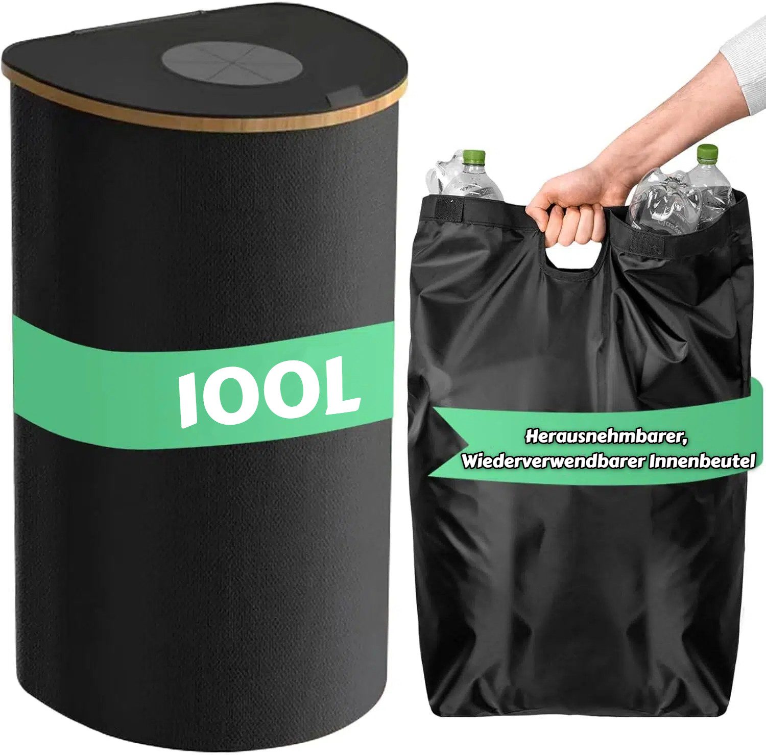 BlingBin Flaschensammler Pfandflaschen Sammelbehälter,Flaschenkorb Mit Abnehmbaren Tragetaschen (1er Set, 1 St., Produktabmessungen: 43 × 33 × 75 cm, Fassungsvermögen: 100 L), Pfandflaschen Behälter Mit Deckel und Loch, Flaschensammler Leergut