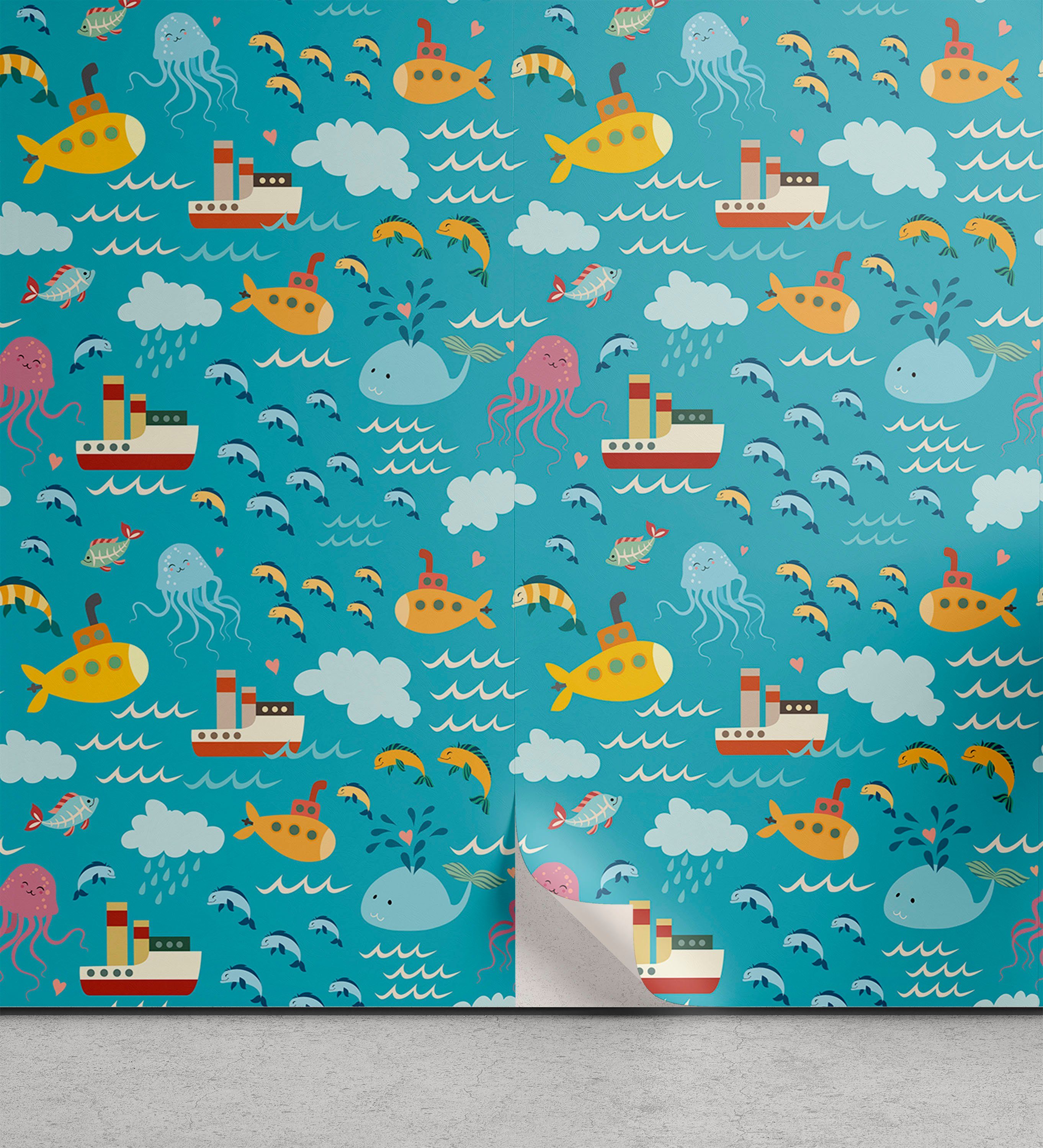 Abakuhaus Vinyltapete selbstklebendes Wohnzimmer Küchenakzent, Ozean Schiffe Marine Pattern