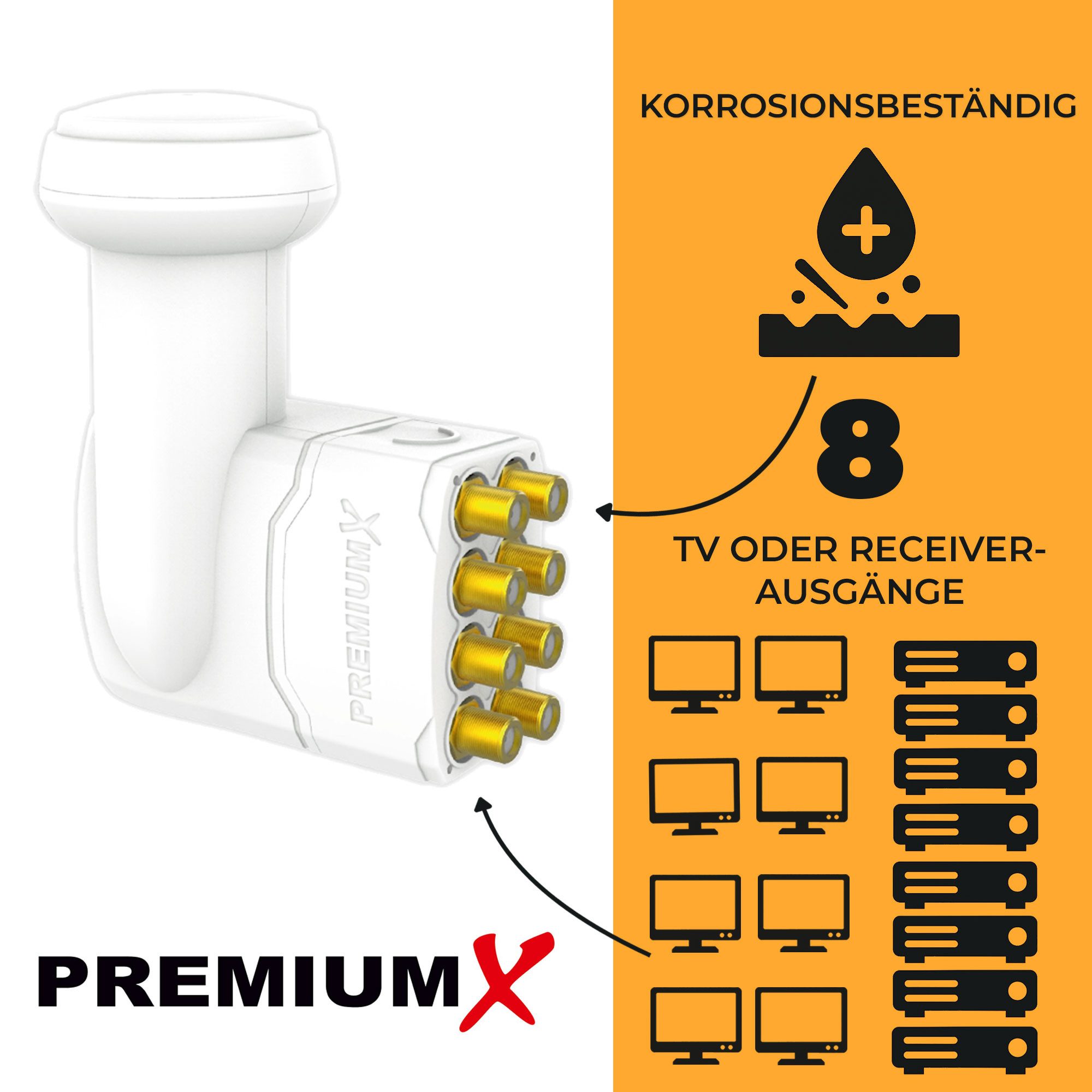 PremiumX Octo LNB weiß SAT für 8 Teilnehmer DVB-S2 HD 4K inkl. 16x F-Stecker Monoblock-LNB