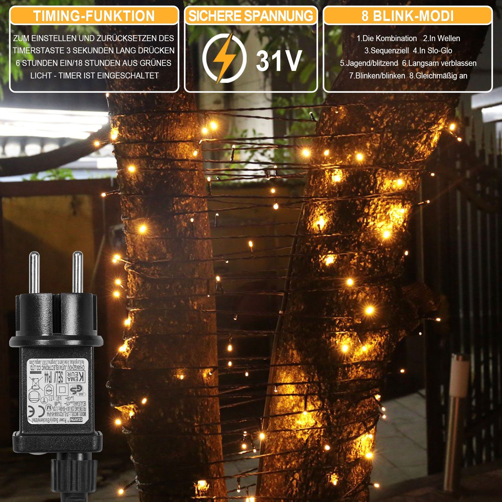 Sunicol LED-Lichterkette 5-100M lichterkette innen, USB/mit Stecker, Warmweiß, 200-flammig, Dimmbar, 8 Modi, Timer, für Weihnachten Garten Party