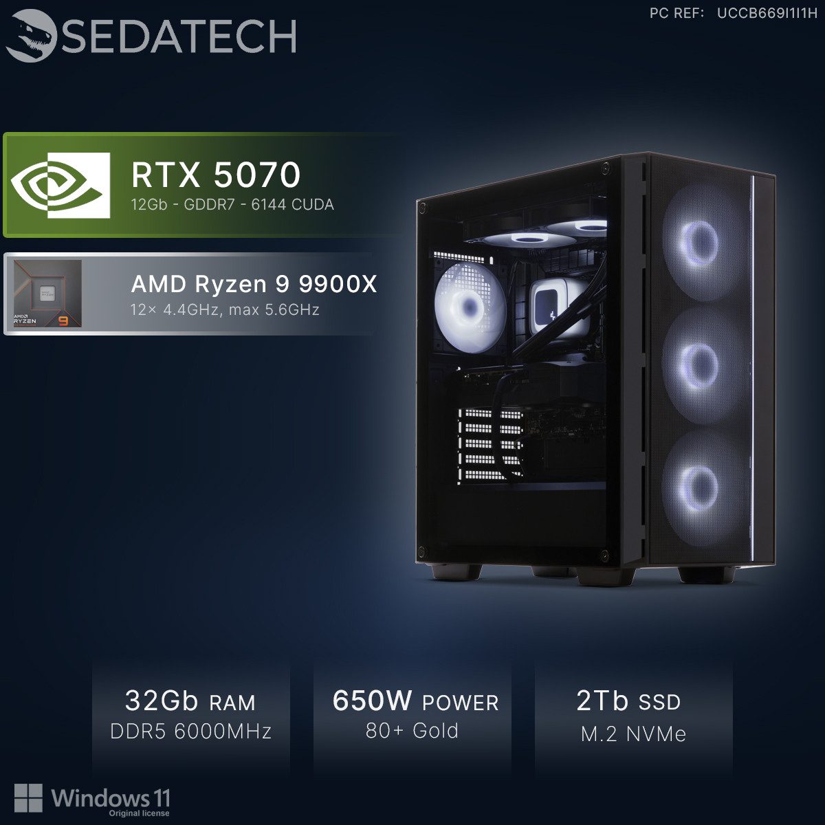 Sedatech UCCB669I1I1HF - Watercooling Gaming-PC (AMD Ryzen 9 9900X 12x 4.4GHz (max 5.6GHz), Geforce RTX5070 12GB, 32 GB RAM, 2000 GB SSD, Watercooling, Wlan 6E)