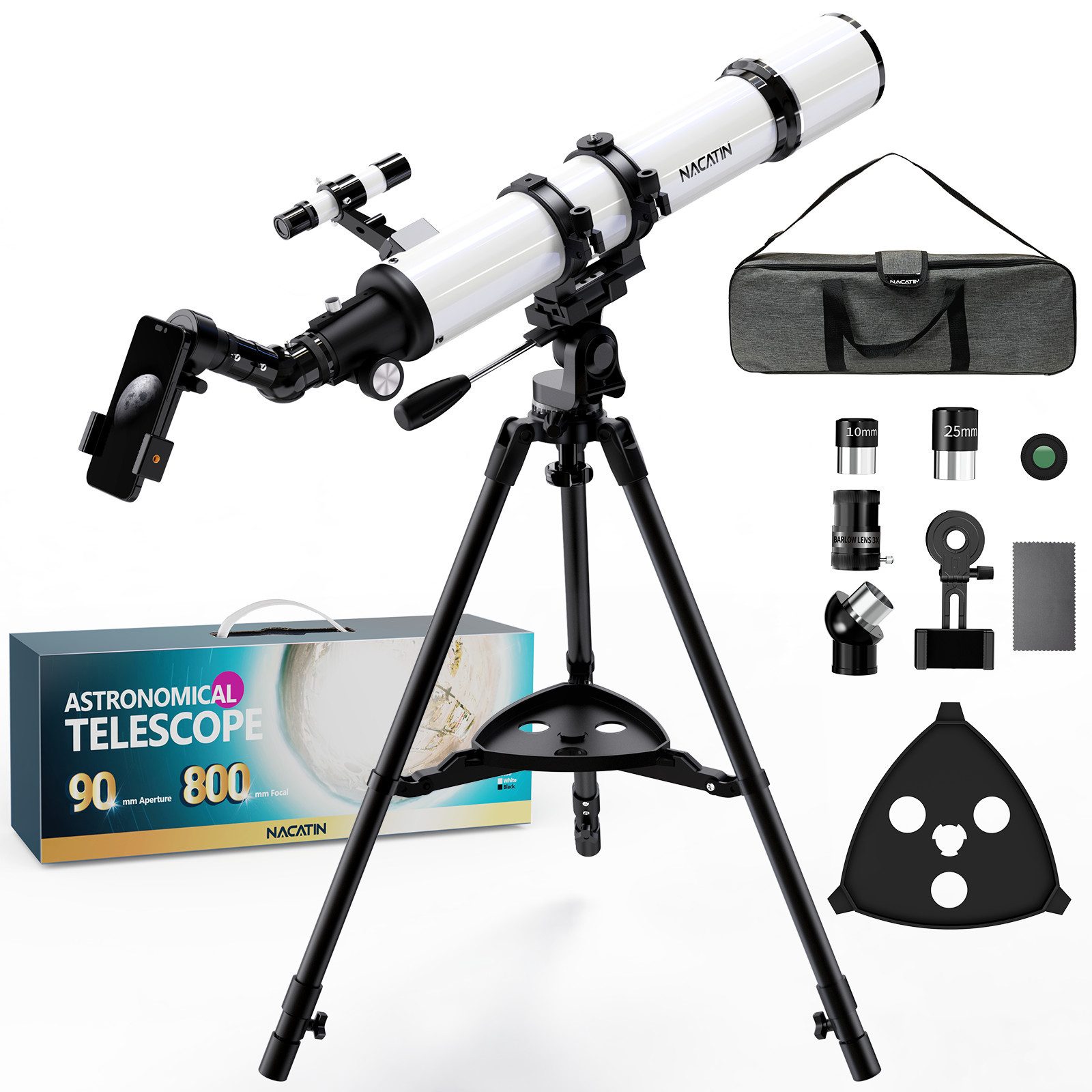 NACATIN Teleskop 90mm/800mm Refraktor-Teleskop 32X-240X für, Erwachsene & Anfänger – Eisenstativ, Smartphone-Adapter & Tragetasche