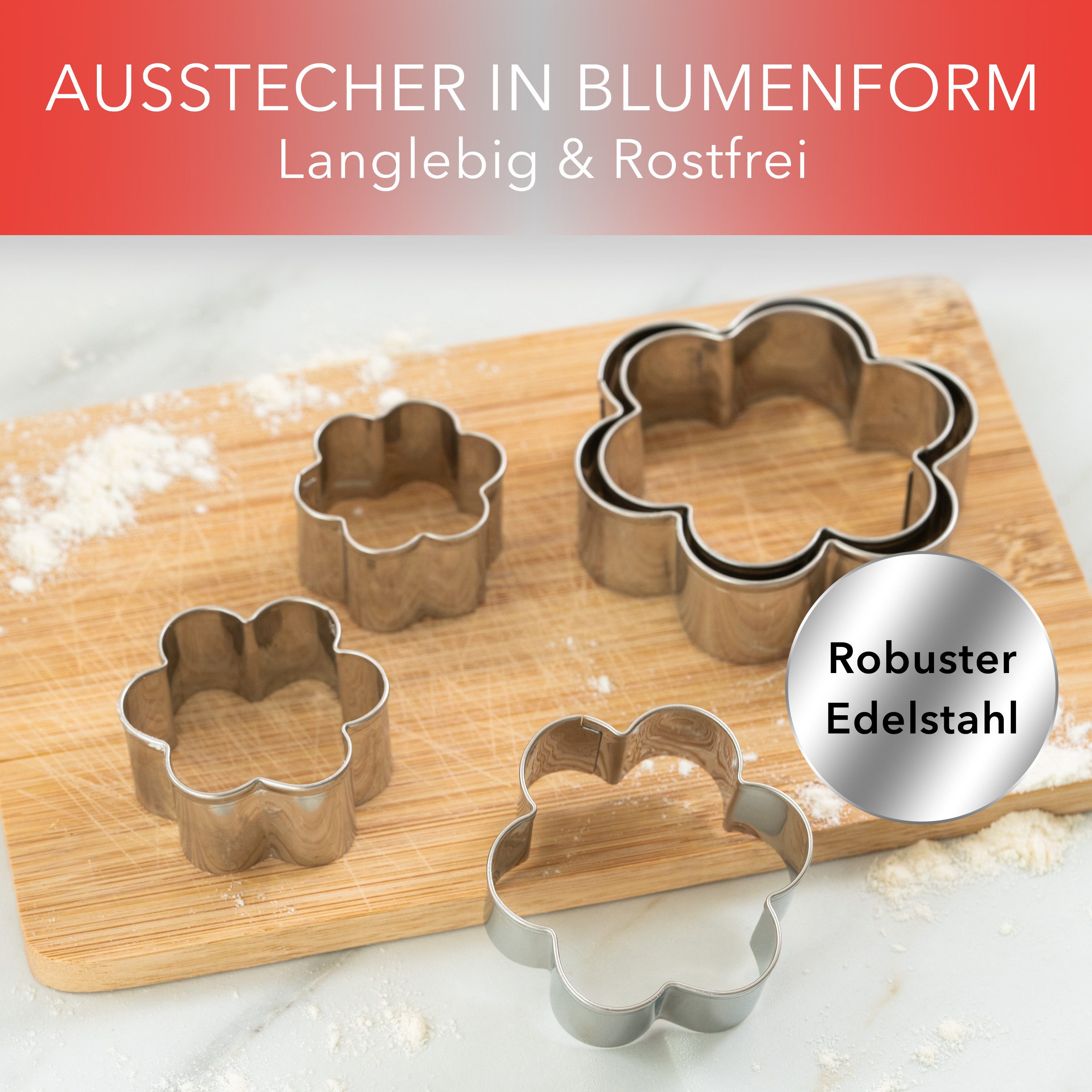 AVANA Ausstechform Edelstahl Blumen Ausstecher Set Weihnachten Plätzchen Keksformen, Edelstahl, (5 Stück), rostfrei, Silber – Bild 2 von 5