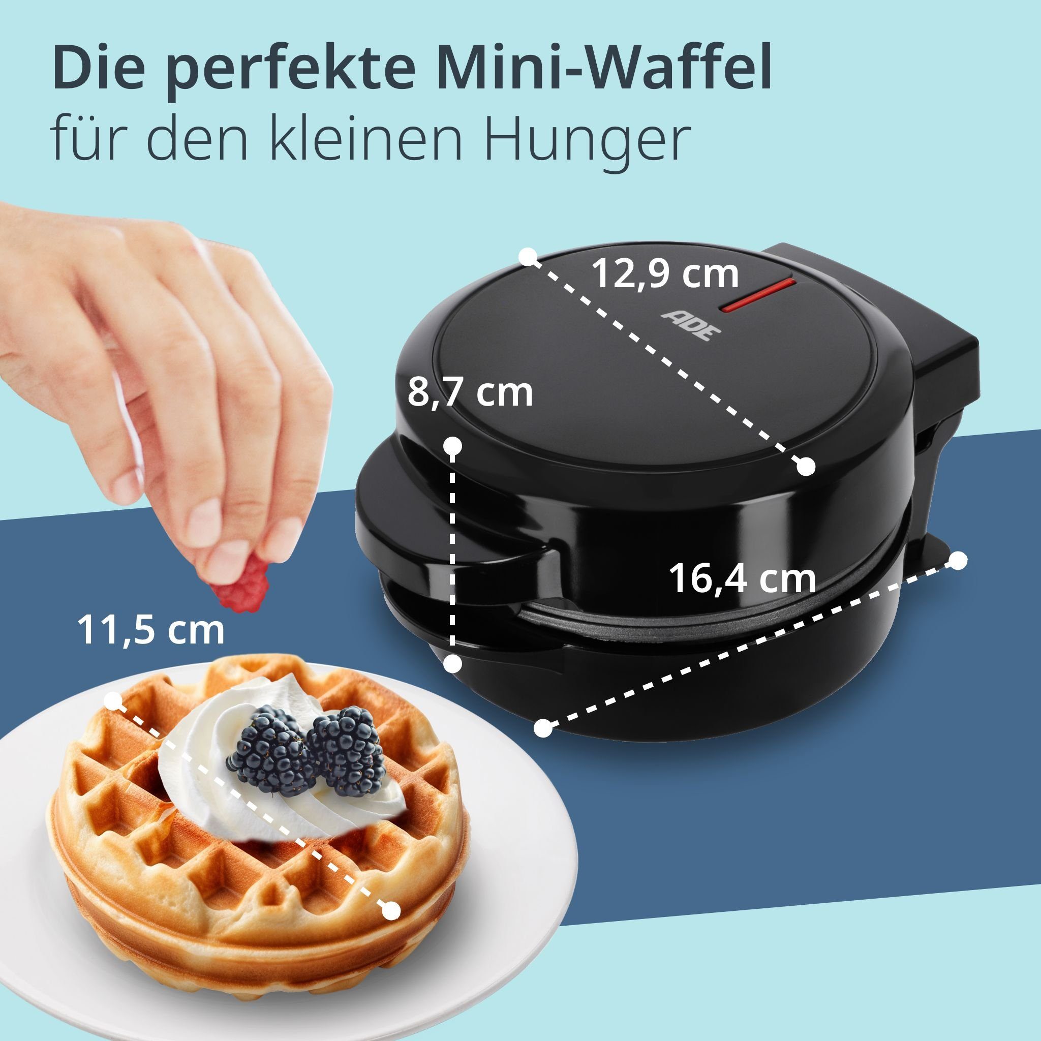 ADE Waffeleisen Mini Herzform oder runde Form für klassische belgische Waffeln, kleiner Waffelmaker mit Antihaftbeschichtung, Geburtstag, Valentinstag