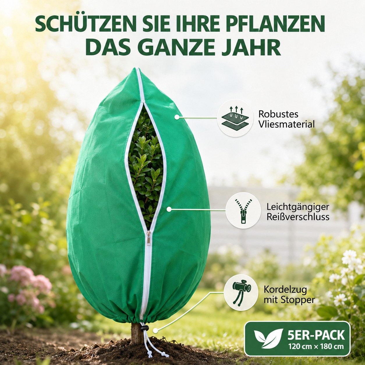 BlingBin Winterschutzhaube 5 Stück Pflanzenschutznetz mit Reißverschluss Zugband Vogelgartennetz (5er Set, 5-St., 80cm*100cm, Vlies 75 g/m², Atmungsaktiv), Wint – Bild 5 von 5