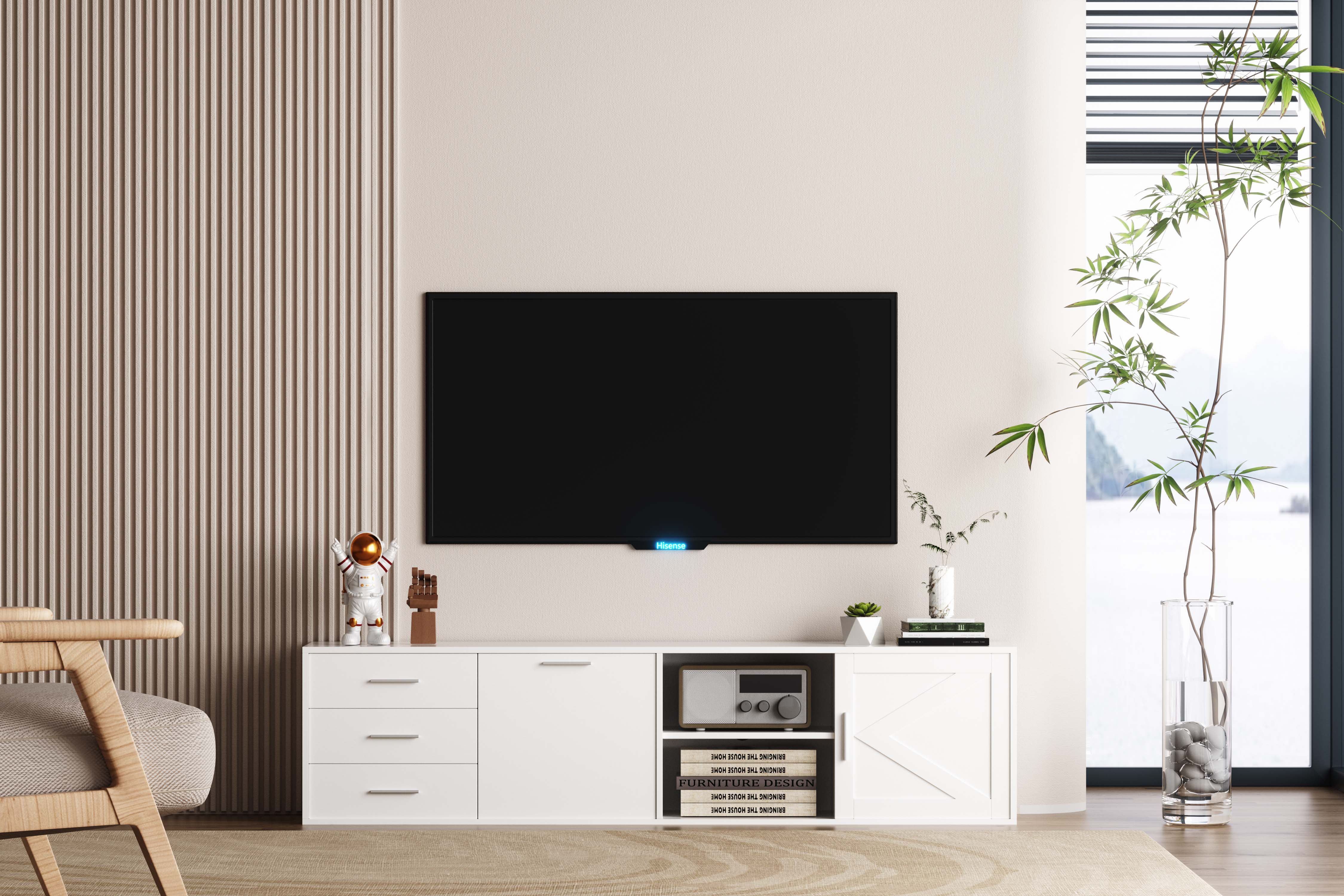 HOMAVO Lowboard TVG1 mit 3 Schubladen & Schiebetür, 160 - 180 cm (FSC®, viel Stauraum, pflegeleicht), Bodenstehendes TV-Lowboard mit Stauraum