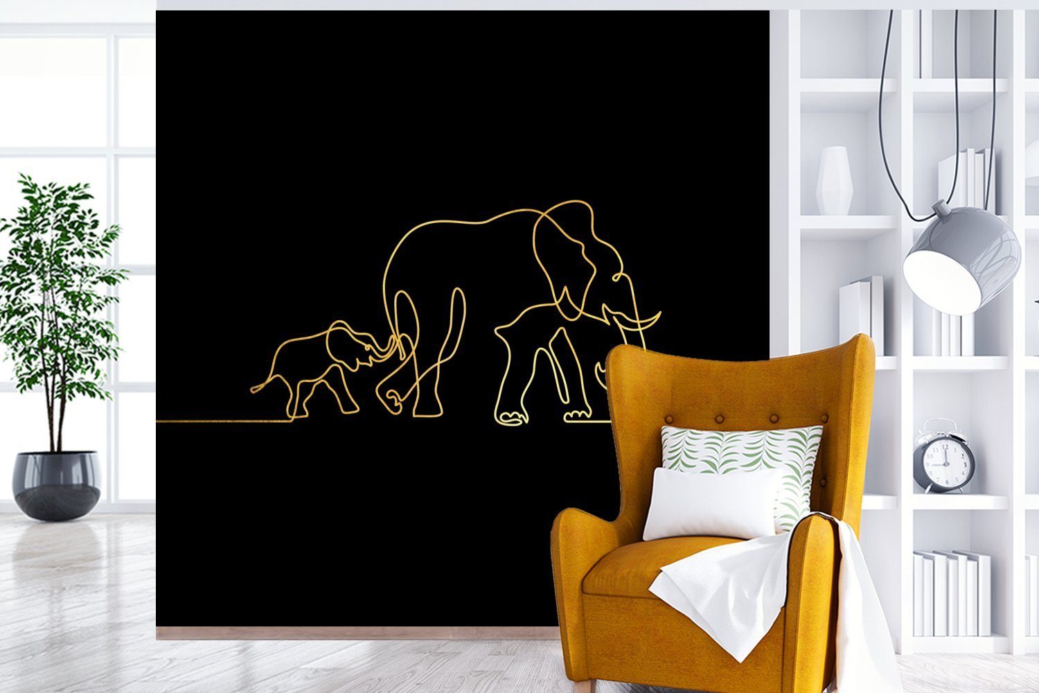 Schwarz Matt, Gold Elefant Fototapete Schlafzimmer, für oder - Vinyl bedruckt, (5 Einfach, St), MuchoWow Wandtapete - Wohnzimmer - Tapete
