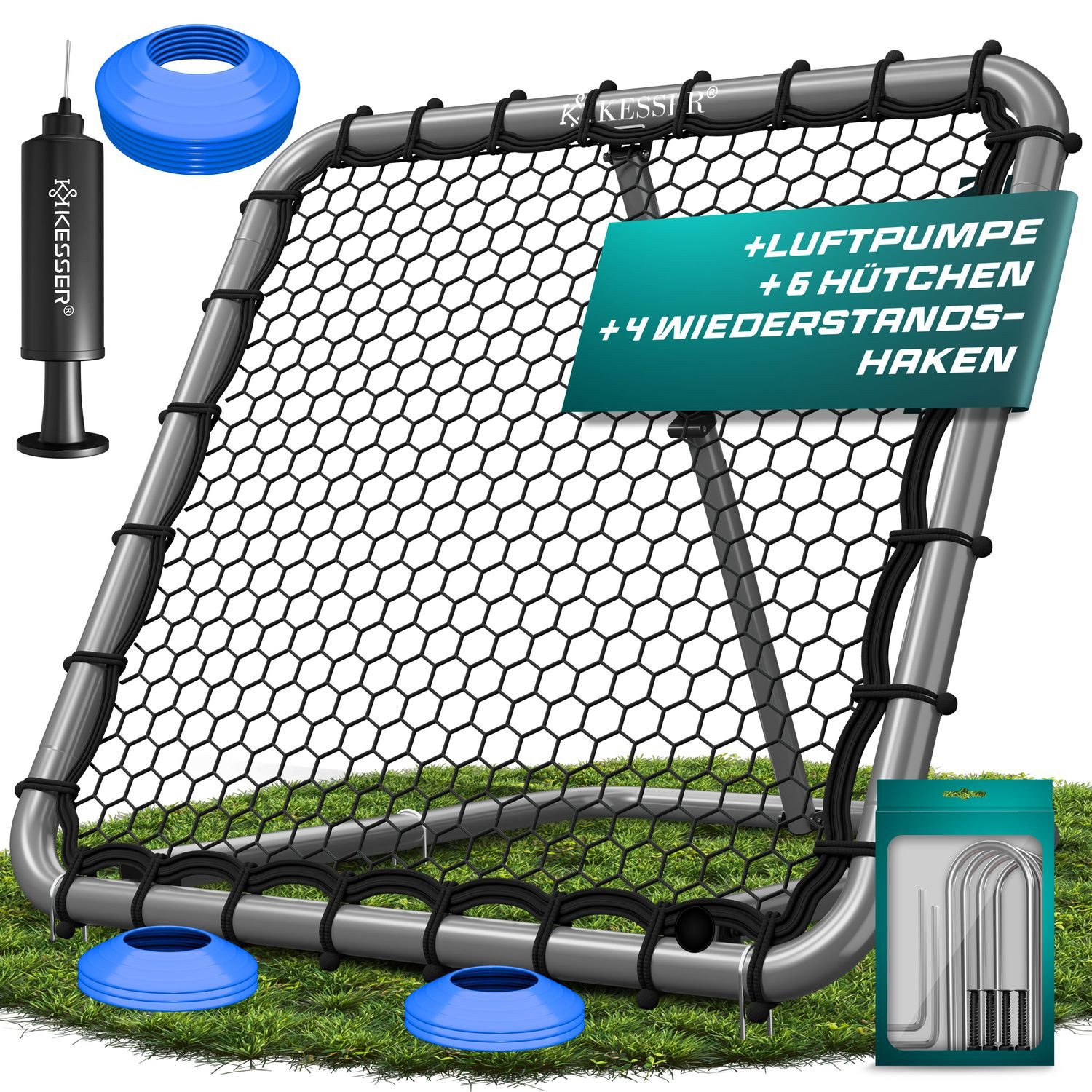 KESSER Rebounder, (Set inkl. Luftpumpe, 6 Отметкаshütchen und 4 Widerstandshaken), Verstellbares Trainingsnetz für präzises Pass- und Schusstraining
