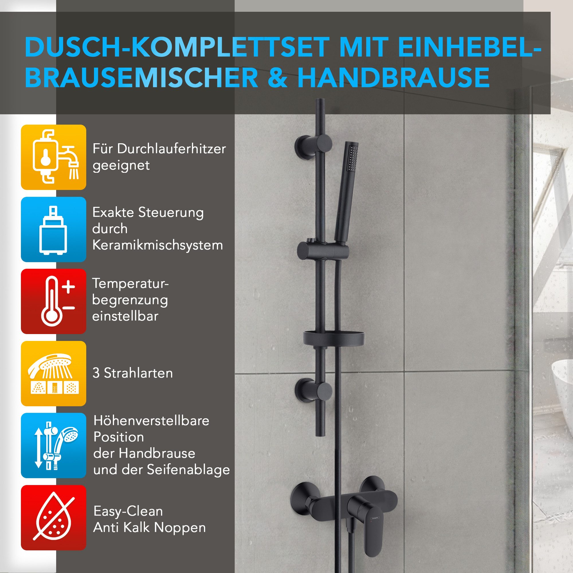 hansgrohe Duscharmatur Vernis Blend Einhebelmischer Set mit Aloni Handbrause und Regendusche (Spar-Set) Aufputz Wandmontage, Armatur in chrom oder schwarz matt