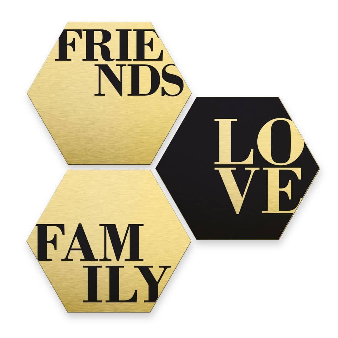 K&L Wall Art Gemälde Alu-Dibond Poster Gold Metalloptik Love Friends Family Schriftzug 3er Set, Aluminium Wandbild modern