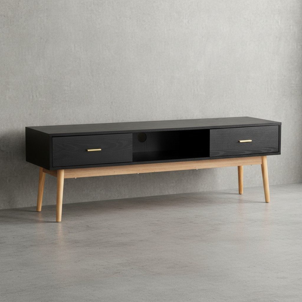 KADIMA DESIGN Lowboard Lowboard Schwarz mit Eiche-Dekor 150x50x40 cm TV-Kommode Modern, (Ablagefach, Fernsehkommode Wohnzimmer), Design TV-Schrank Hoch, Fernsehtisch Fernsehschrank mit Schubladen &