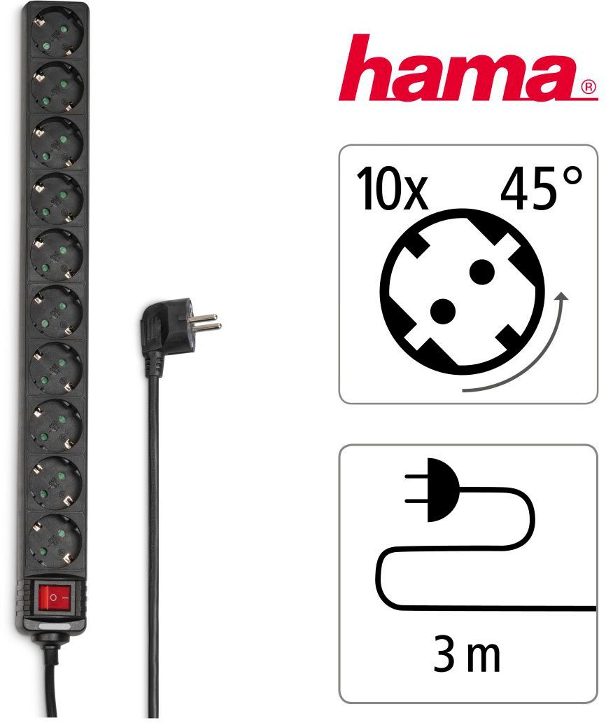 m) Hama (Kabellänge Schalter, m 10-fach, 3 10-fach 3 Steckdosenleiste Steckdosenleiste 2-poliger Schwarz,